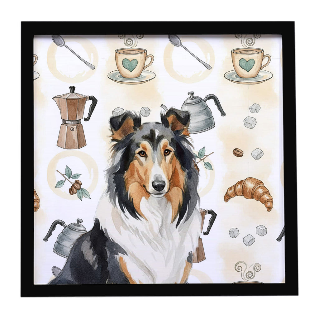 Tricolor Collie Coffee Bar Framed Metal Print Bathroom, Kitchen, Office, Home Decor Wall Art Ready to Hang, Square, 8X8