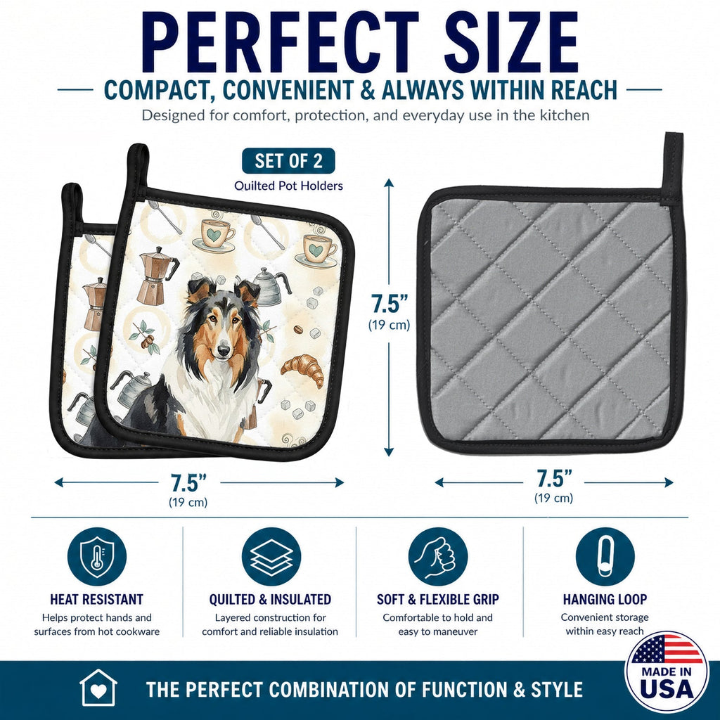 Tricolor Collie Coffee Bar Pot Holder Set of 2 Heat Resistant Quilted Hot Pads 7.5 x 7.5 Inch, Insulated Kitchen Trivets for Cooking & Baking