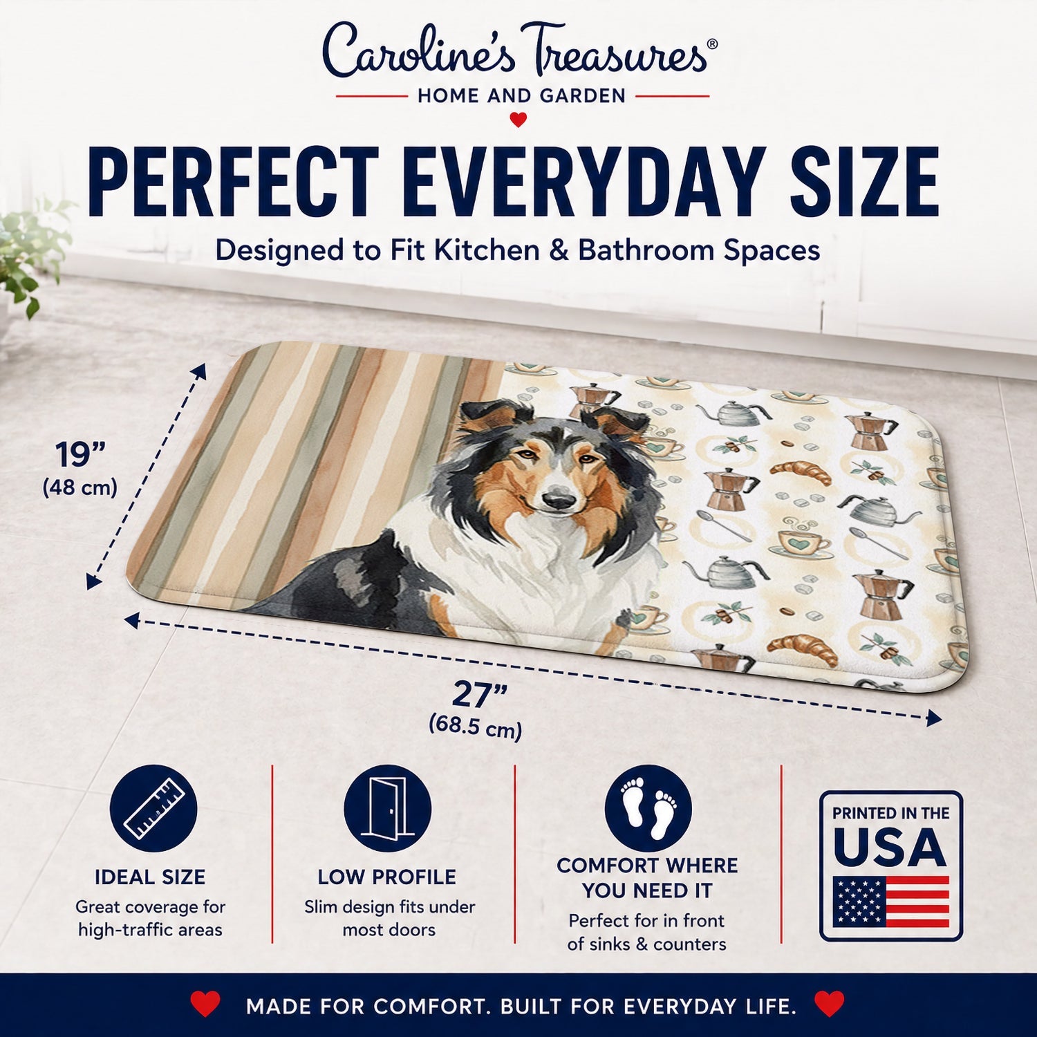 Tricolor Collie Coffee Bar Memory Foam Kitchen Mat Machine Washable Anti-Fatigue Cushion Comfort Bath or Kitchen Rug