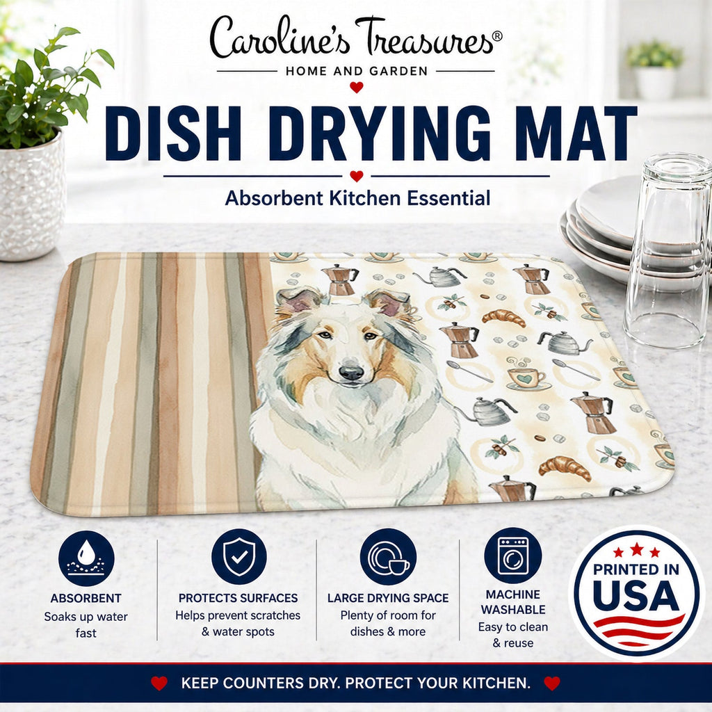 White Collie Coffee Bar Dish Drying Mat Absorbent Dish Drying Mat Pad for Kitchen Counter Dish Drainer Mat for Countertop, 14 x 21", Multicolor