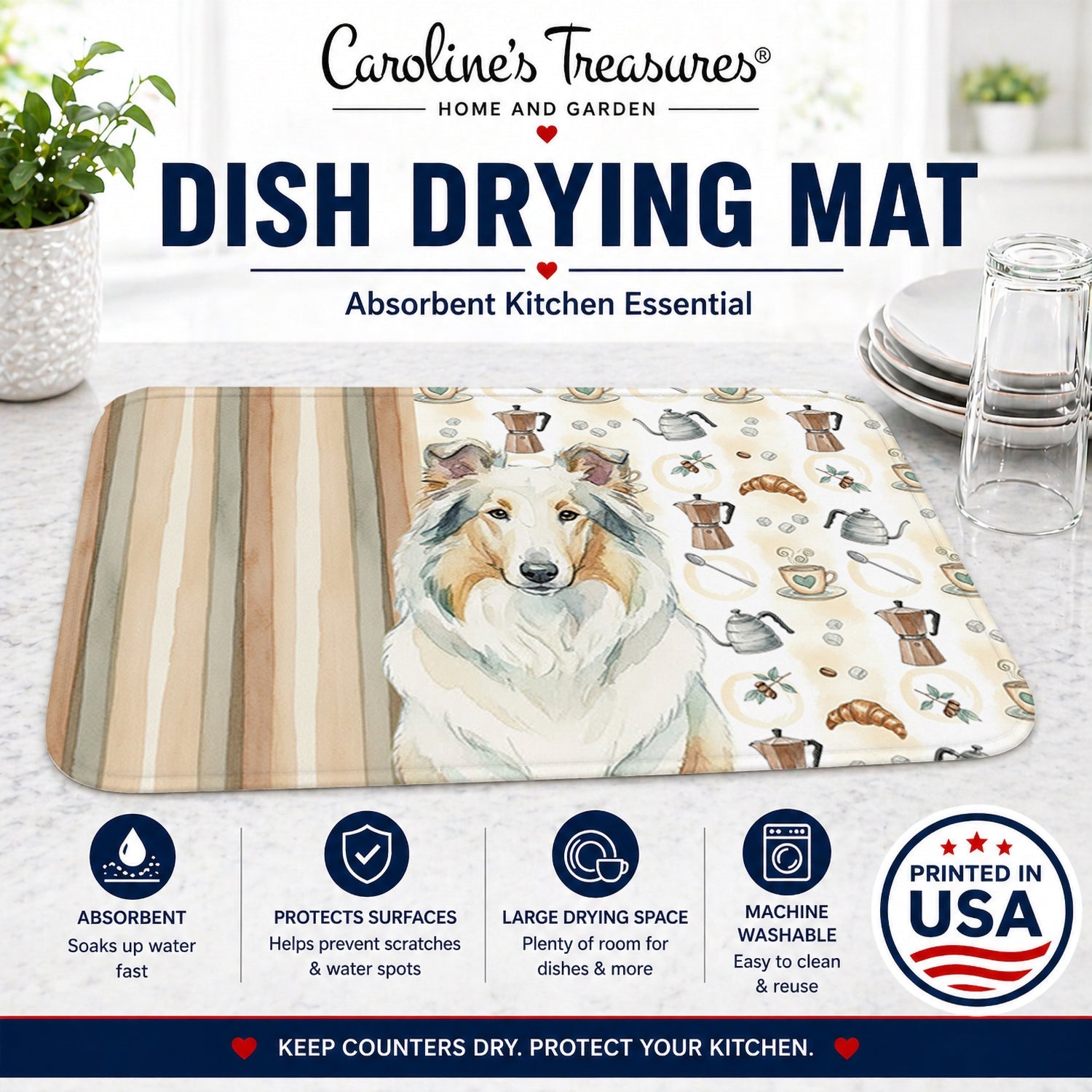 White Collie Coffee Bar Dish Drying Mat Absorbent Dish Drying Mat Pad for Kitchen Counter Dish Drainer Mat for Countertop, 14 x 21", Multicolor