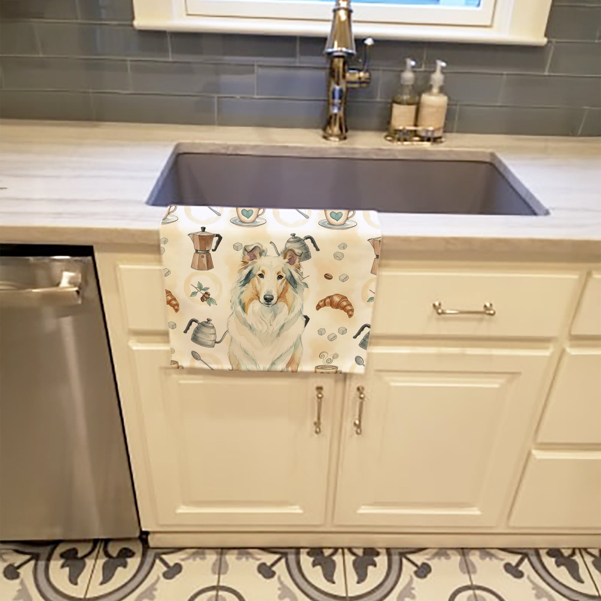 White Collie Coffee Bar Kitchen Towel Velour Plush Front and Cotton Loop Back Machine Washable