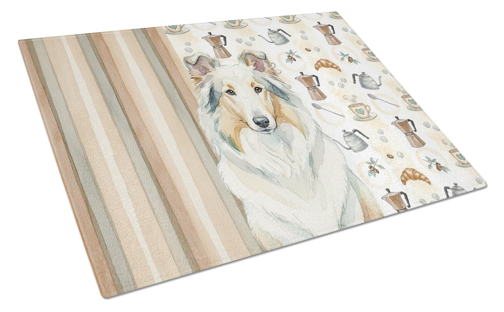 White Collie Coffee Bar Cutting Board Tempered Glass Kitchen Cutting Surface, Heat Resistant Chopping, Non-Slip Feet, Food Prep & Serving