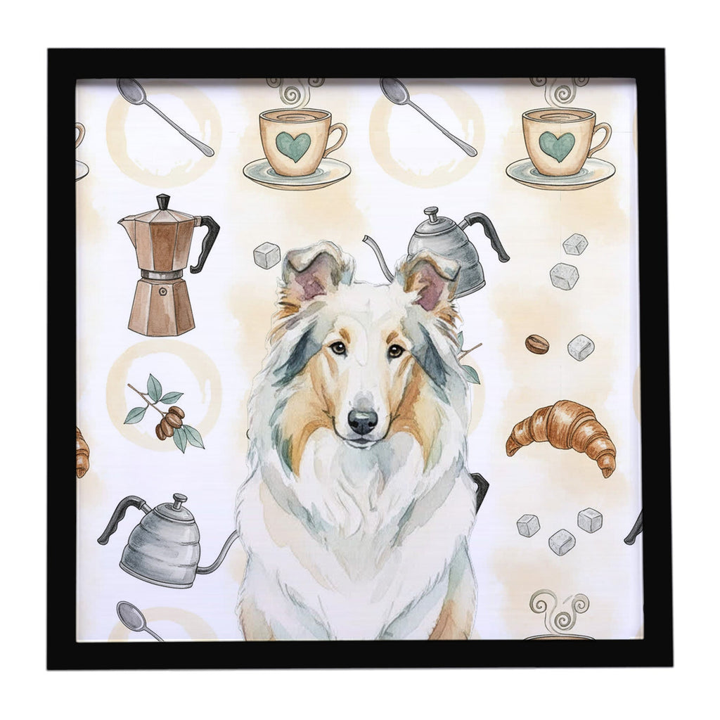 White Collie Coffee Bar Framed Metal Print Bathroom, Kitchen, Office, Home Decor Wall Art Ready to Hang, Square, 8X8