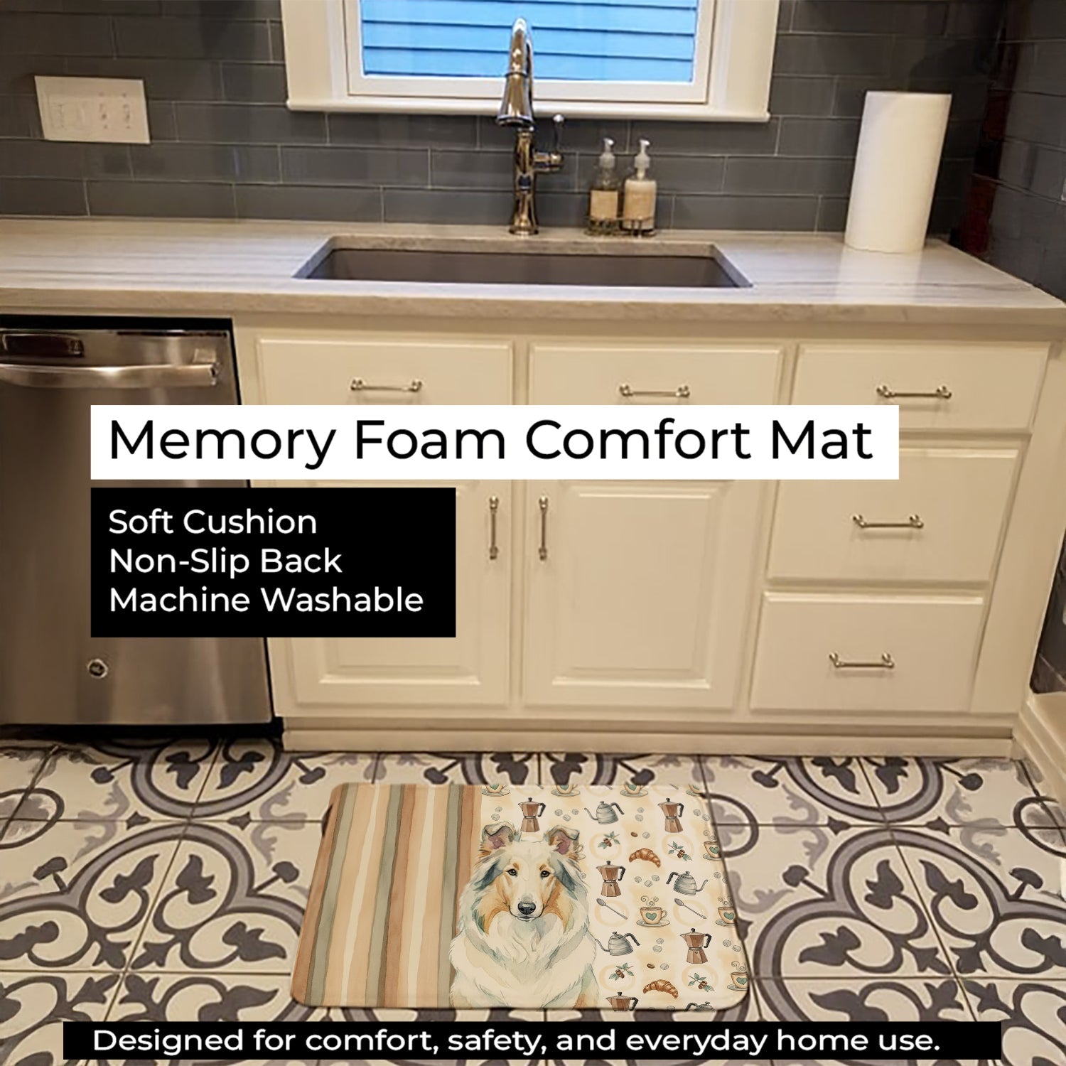 White Collie Coffee Bar Memory Foam Kitchen Mat Machine Washable Anti-Fatigue Cushion Comfort Bath or Kitchen Rug