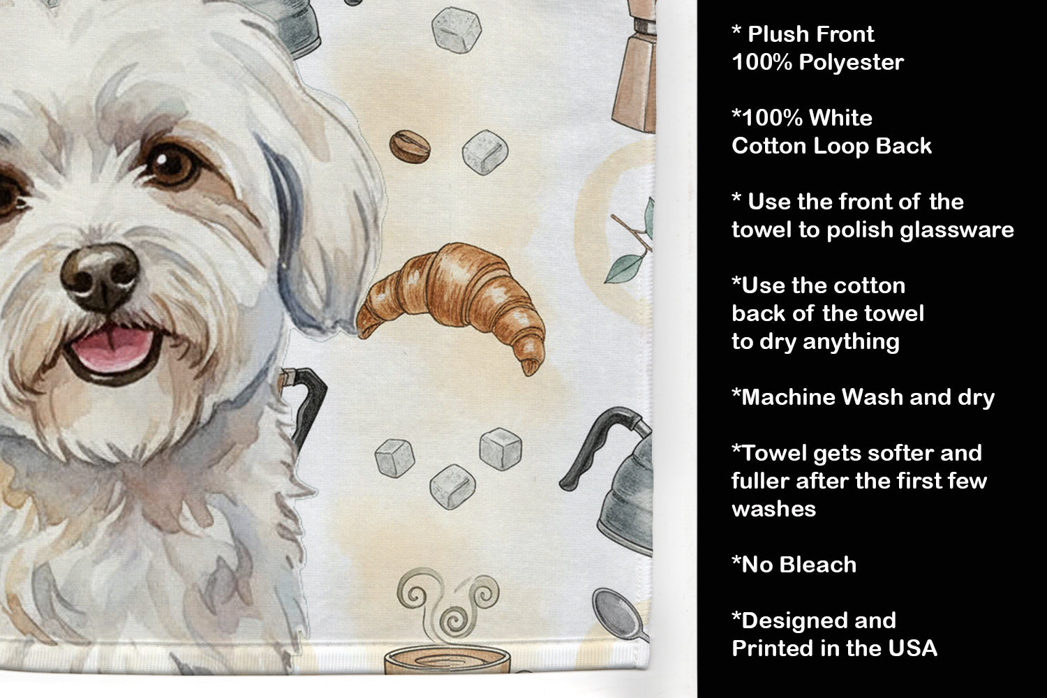 Coton de Tulear Coffee Bar Kitchen Towel Velour Plush Front and Cotton Loop Back Machine Washable