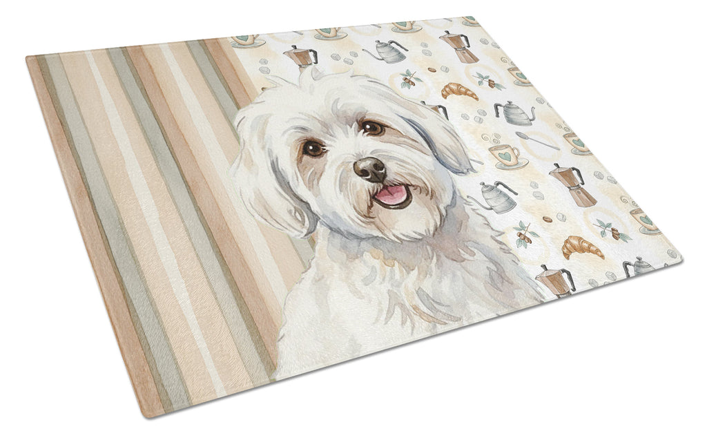 Coton de Tulear Coffee Bar Cutting Board Tempered Glass Kitchen Cutting Surface, Heat Resistant Chopping, Non-Slip Feet, Food Prep & Serving