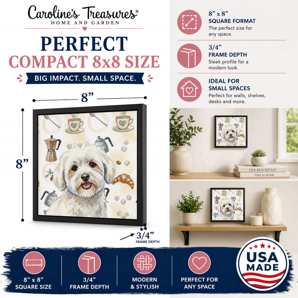 Coton de Tulear Coffee Bar Framed Metal Print Bathroom, Kitchen, Office, Home Decor Wall Art Ready to Hang, Square, 8X8