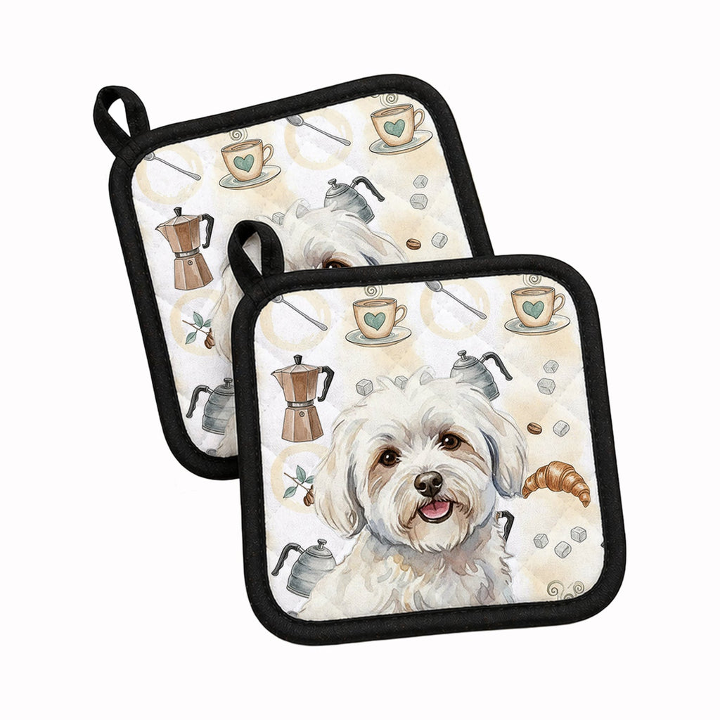 Coton de Tulear Coffee Bar Pot Holder Set of 2 Heat Resistant Quilted Hot Pads 7.5 x 7.5 Inch, Insulated Kitchen Trivets for Cooking & Baking
