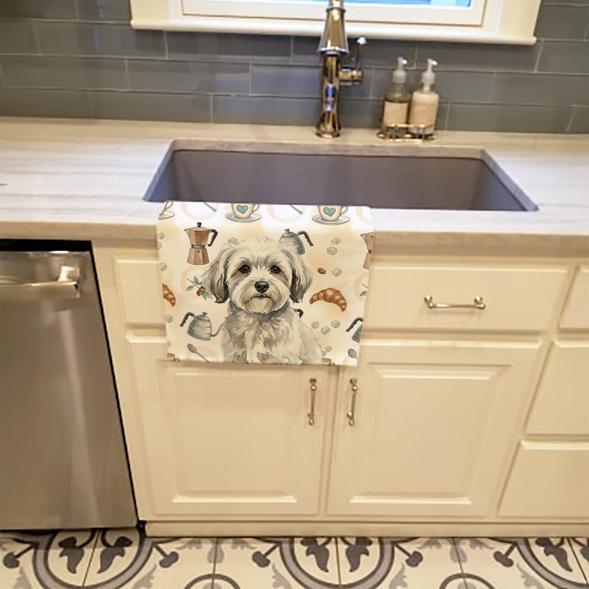 White with Gray Coton de Tulear Coffee Bar Kitchen Towel Velour Plush Front and Cotton Loop Back Machine Washable