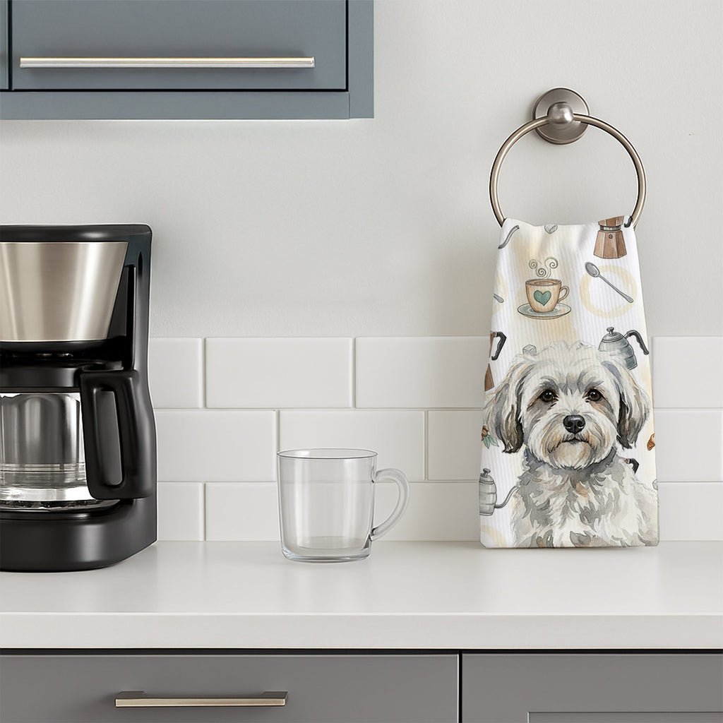 White with Gray Coton de Tulear Coffee Bar Kitchen Towel Velour Plush Front and Cotton Loop Back Machine Washable
