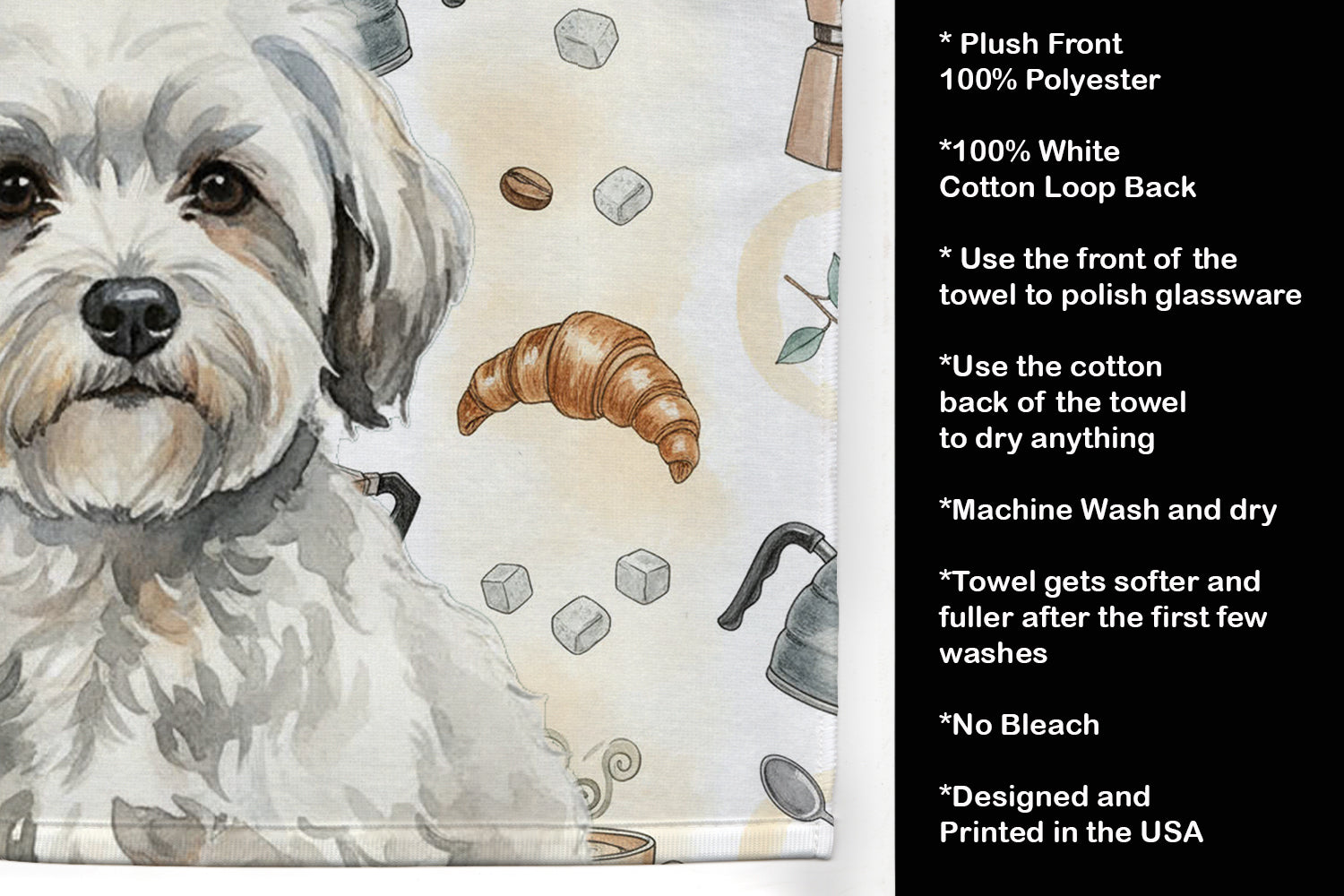 White with Gray Coton de Tulear Coffee Bar Kitchen Towel Velour Plush Front and Cotton Loop Back Machine Washable