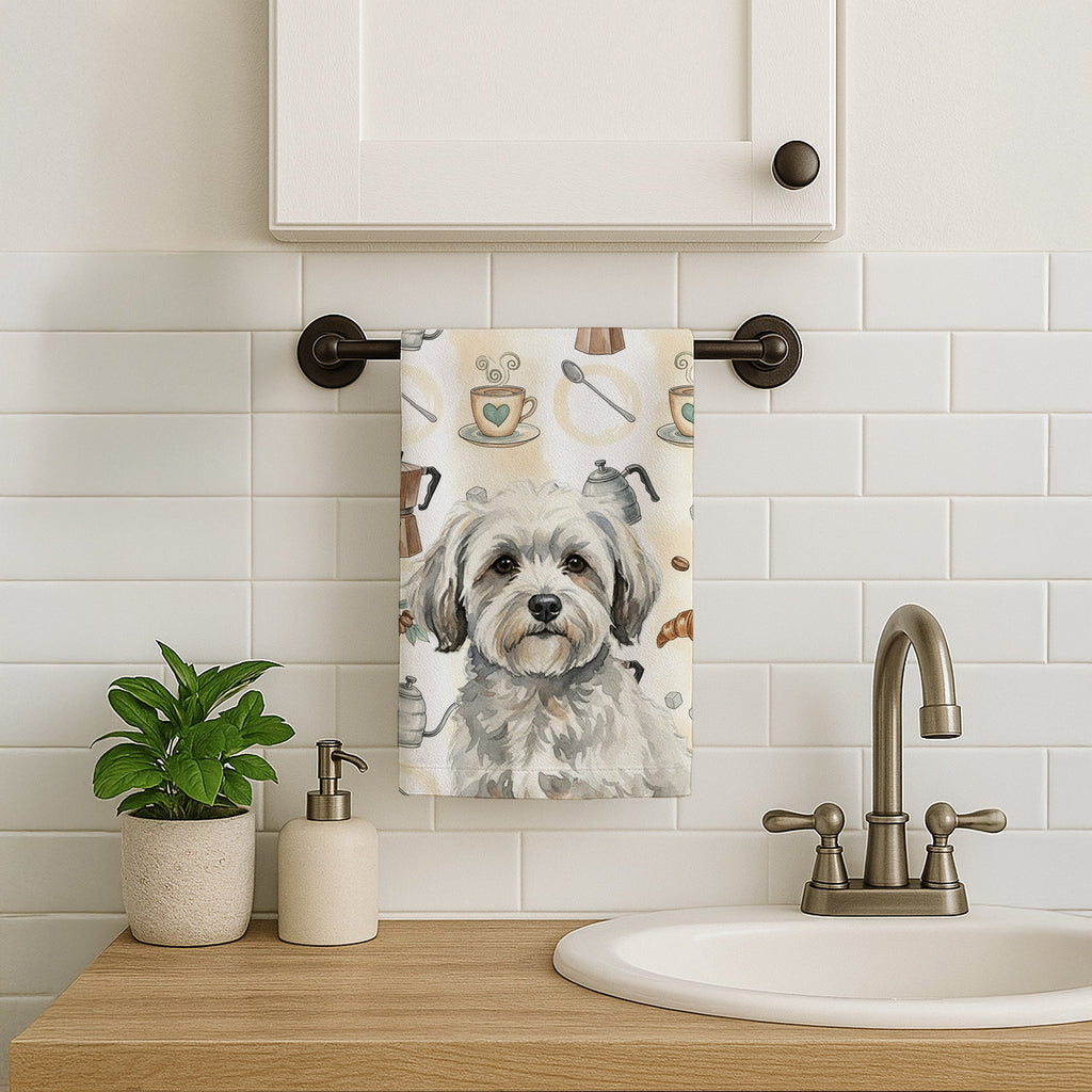 White with Gray Coton de Tulear Coffee Bar Kitchen Towel Velour Plush Front and Cotton Loop Back Machine Washable