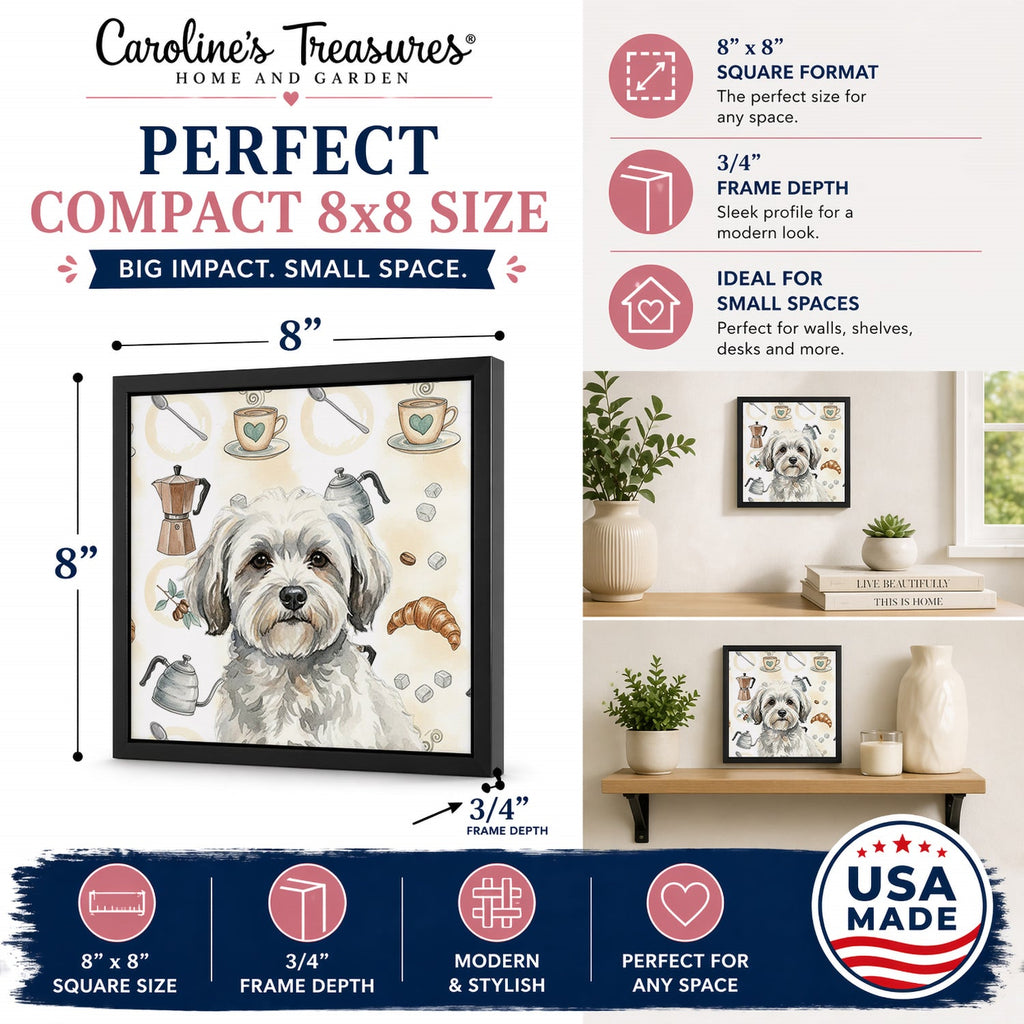 White with Gray Coton de Tulear Coffee Bar Framed Metal Print Bathroom, Kitchen, Office, Home Decor Wall Art Ready to Hang, Square, 8X8