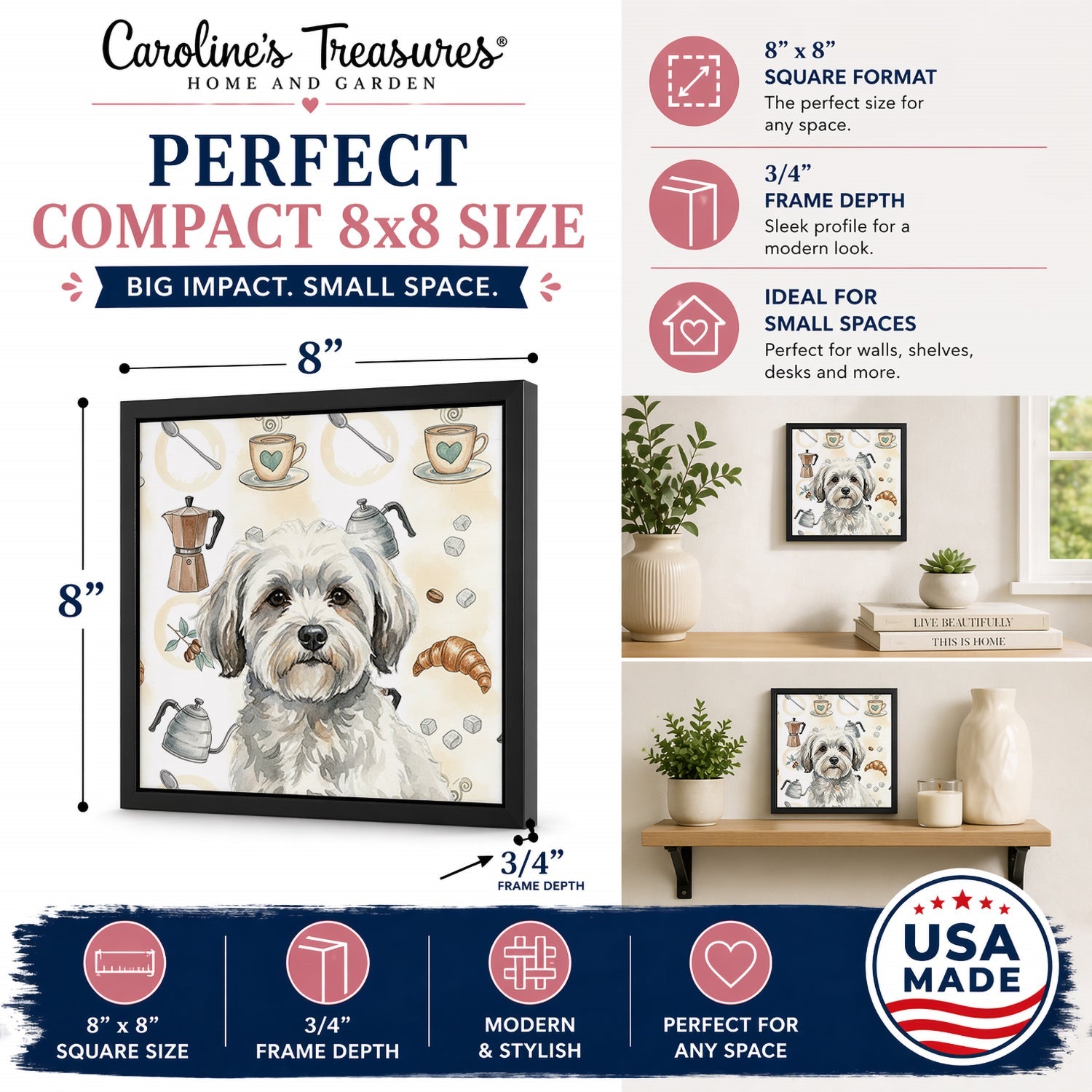 White with Gray Coton de Tulear Coffee Bar Framed Metal Print Bathroom, Kitchen, Office, Home Decor Wall Art Ready to Hang, Square, 8X8