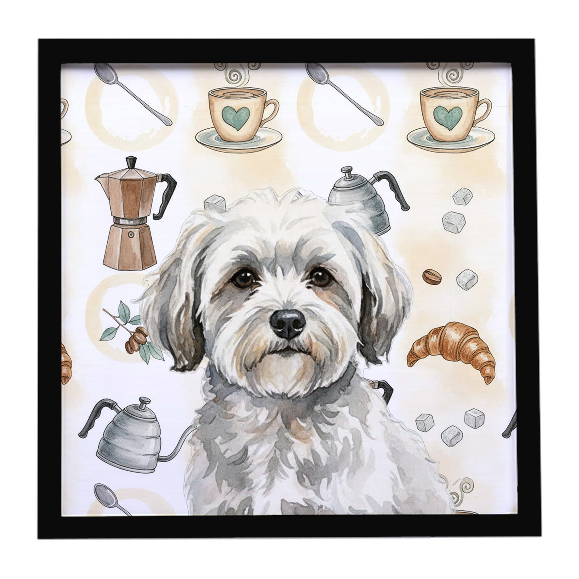 White with Gray Coton de Tulear Coffee Bar Framed Metal Print Bathroom, Kitchen, Office, Home Decor Wall Art Ready to Hang, Square, 8X8
