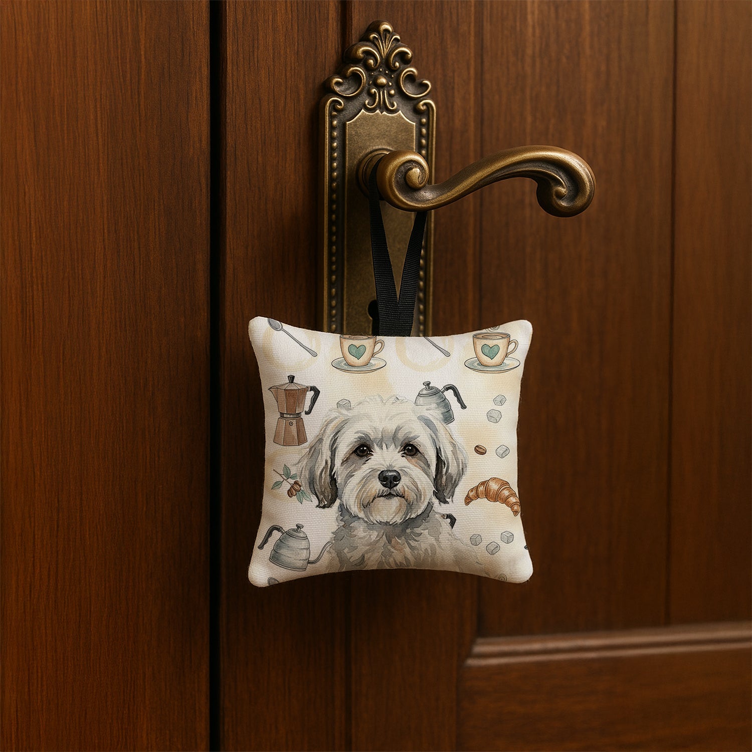 White with Gray Coton de Tulear Coffee Bar Hanging Square Fabric Ornament 3.5 � 3.5 Decorative Door-Knob & Tree Hanger, Soft Fabric
