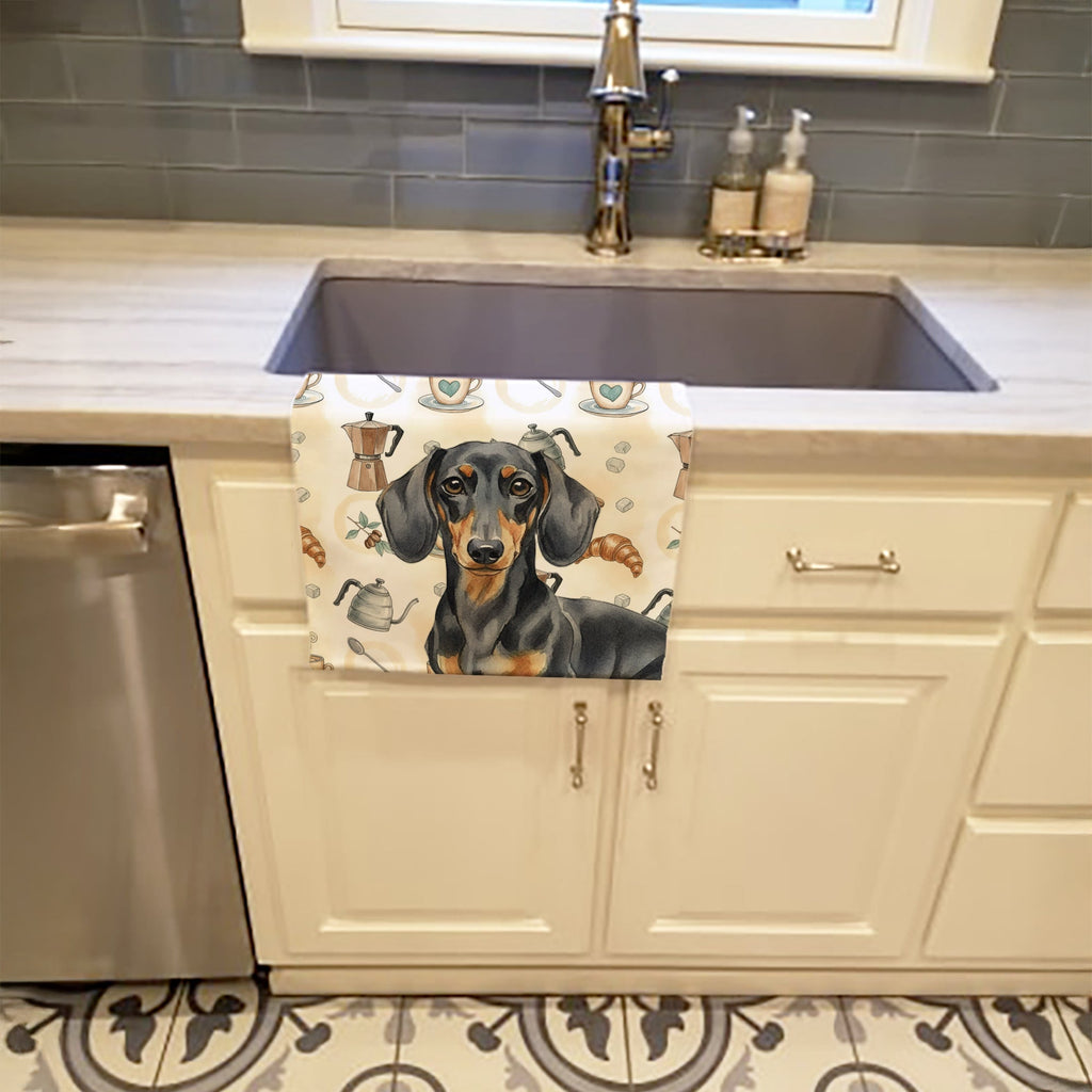 Black and Tan Dachshund Coffee Bar Kitchen Towel Velour Plush Front and Cotton Loop Back Machine Washable