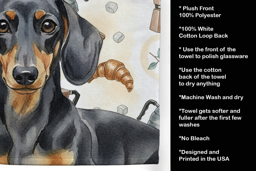 Black and Tan Dachshund Coffee Bar Kitchen Towel Velour Plush Front and Cotton Loop Back Machine Washable