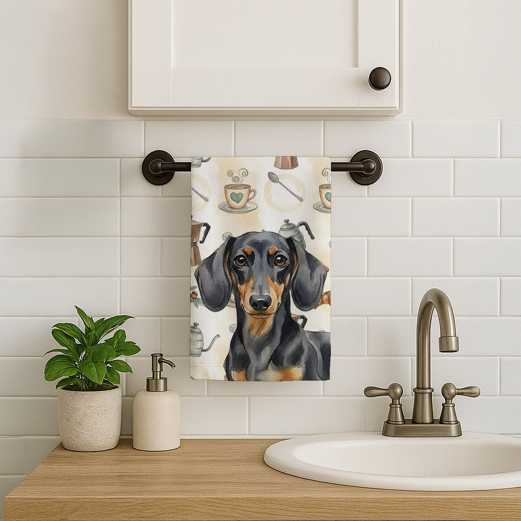 Black and Tan Dachshund Coffee Bar Kitchen Towel Velour Plush Front and Cotton Loop Back Machine Washable