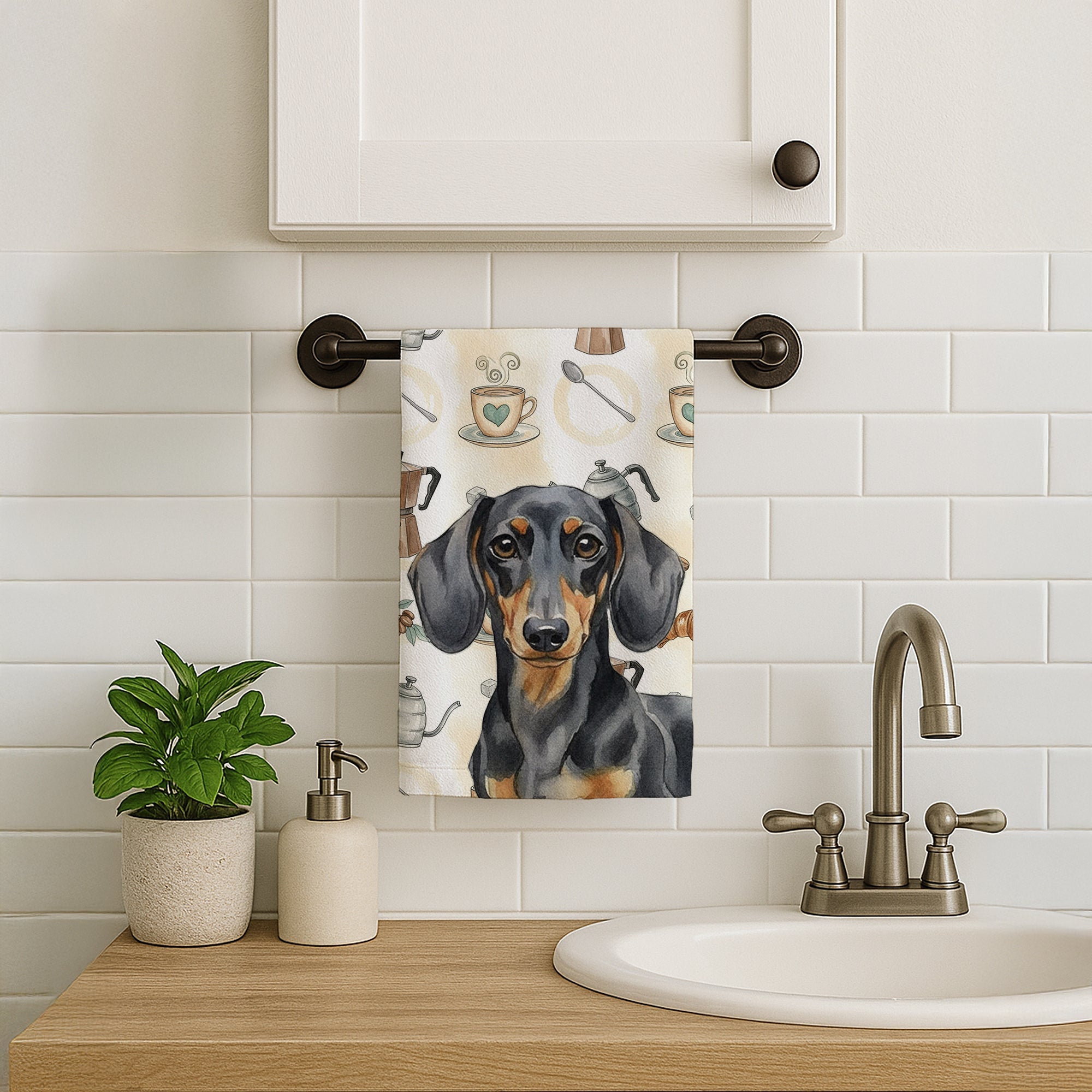 Black and Tan Dachshund Coffee Bar Kitchen Towel Velour Plush Front and Cotton Loop Back Machine Washable