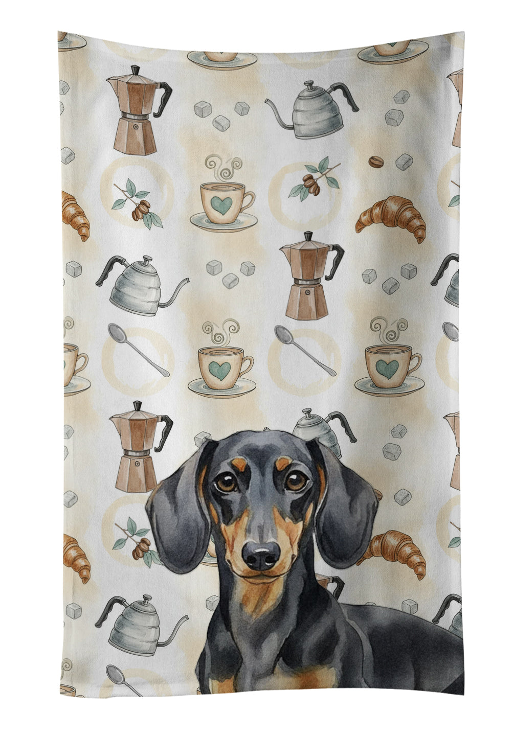 Black and Tan Dachshund Coffee Bar Kitchen Towel Velour Plush Front and Cotton Loop Back Machine Washable