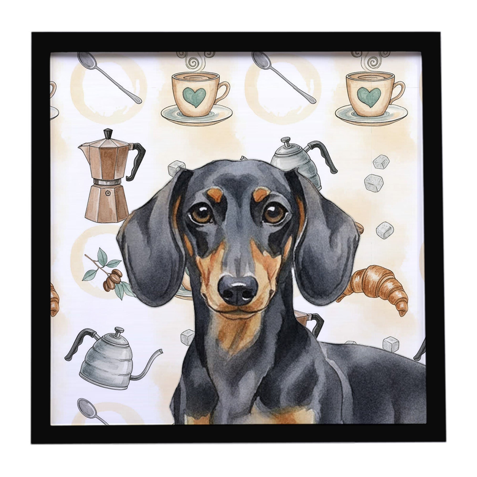 Black and Tan Dachshund Coffee Bar Framed Metal Print Bathroom, Kitchen, Office, Home Decor Wall Art Ready to Hang, Square, 8X8