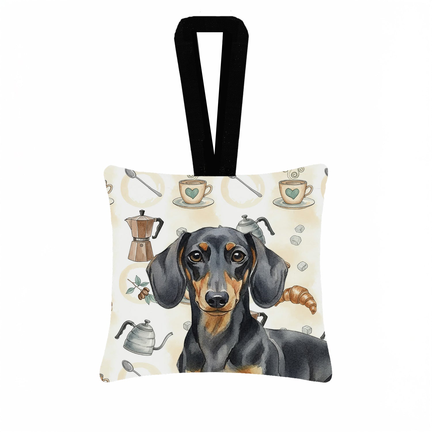 Black and Tan Dachshund Coffee Bar Hanging Square Fabric Ornament 3.5 � 3.5 Decorative Door-Knob & Tree Hanger, Soft Fabric