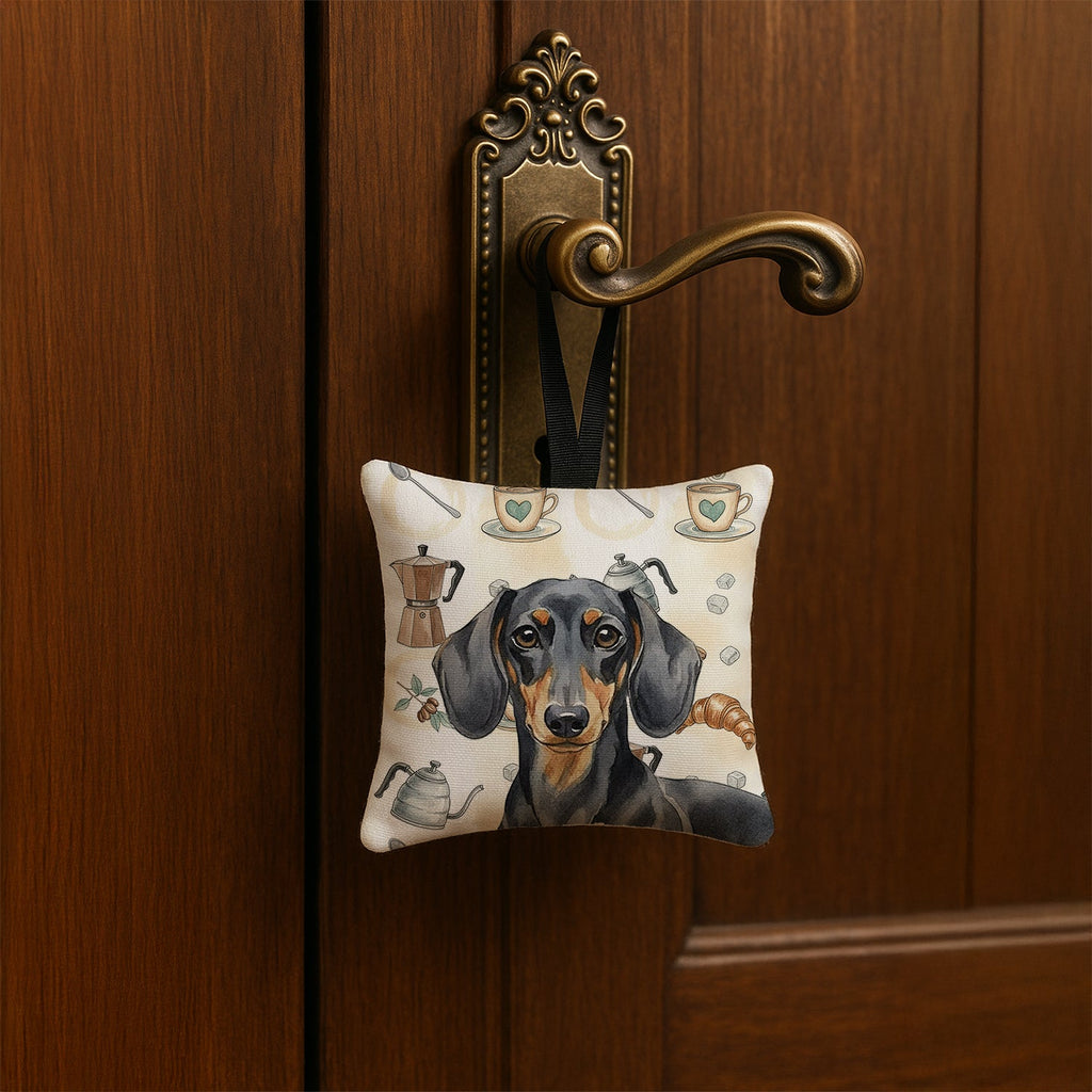Black and Tan Dachshund Coffee Bar Hanging Square Fabric Ornament 3.5 � 3.5 Decorative Door-Knob & Tree Hanger, Soft Fabric