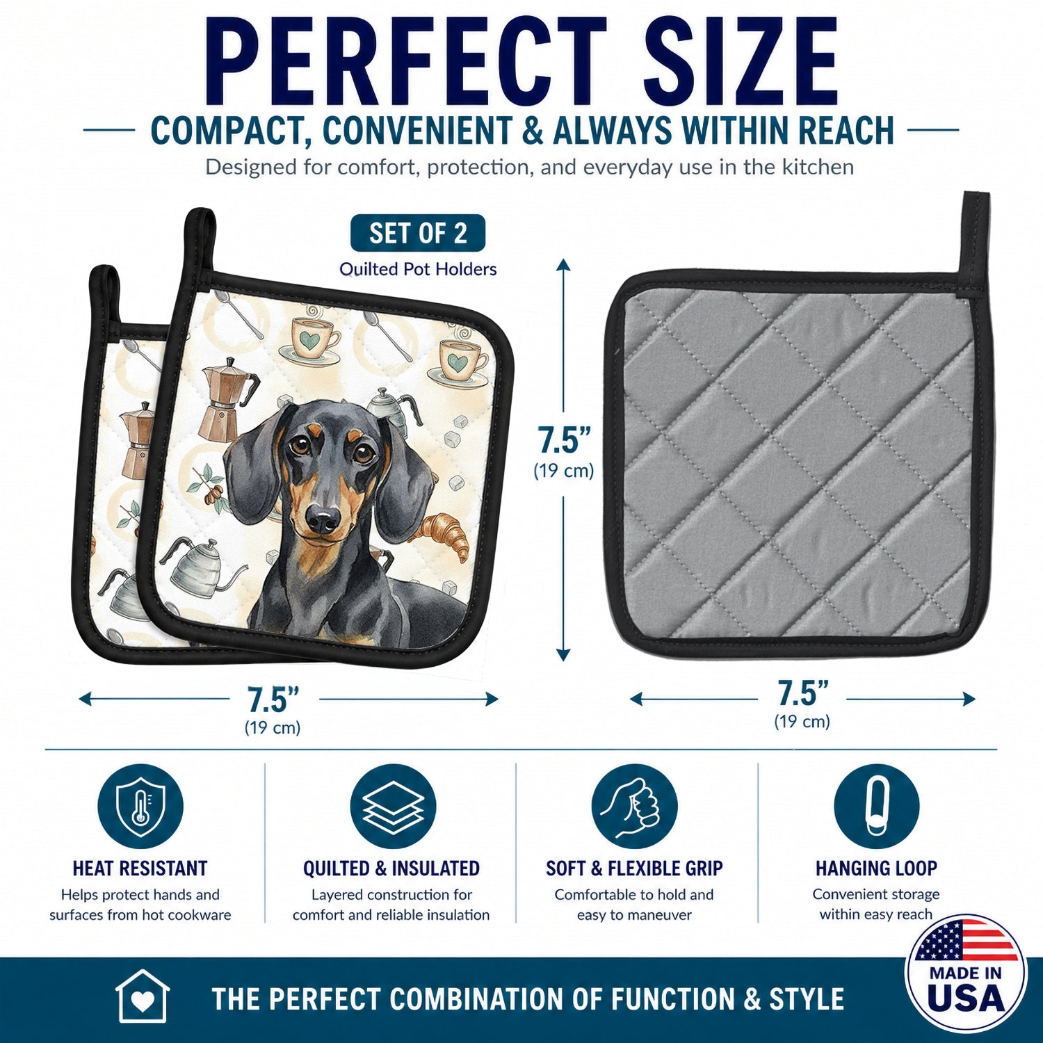 Black and Tan Dachshund Coffee Bar Pot Holder Set of 2 Heat Resistant Quilted Hot Pads 7.5 x 7.5 Inch, Insulated Kitchen Trivets for Cooking & Baking