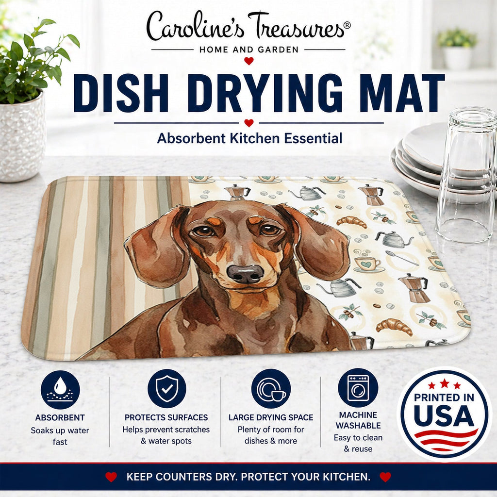 Chocolate and Tan Dachshund Coffee Bar Dish Drying Mat Absorbent Dish Drying Mat Pad for Kitchen Counter Dish Drainer Mat for Countertop, 14 x 21", Multicolor