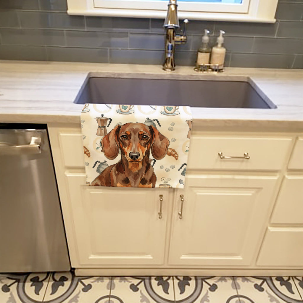 Chocolate and Tan Dachshund Coffee Bar Kitchen Towel Velour Plush Front and Cotton Loop Back Machine Washable