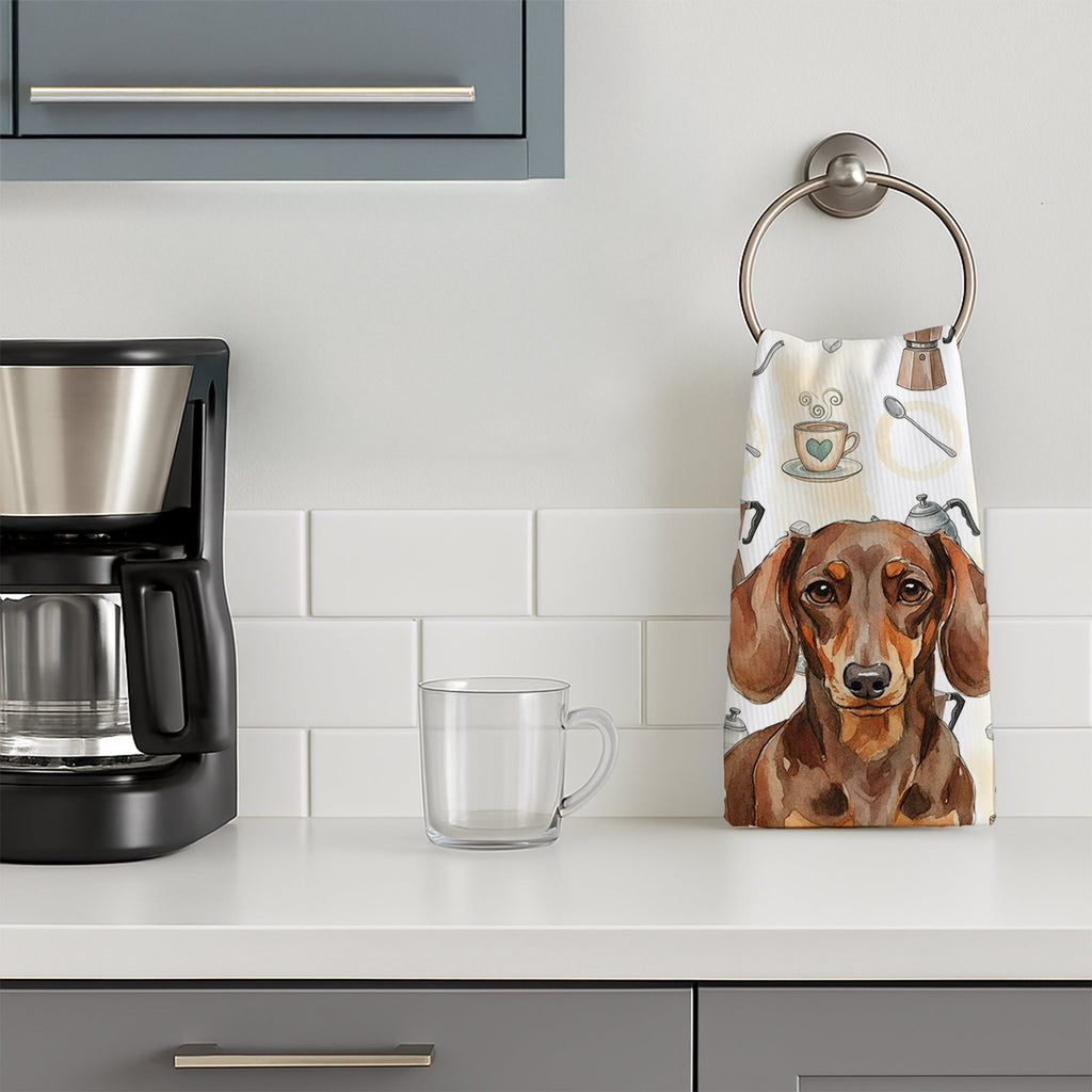 Chocolate and Tan Dachshund Coffee Bar Kitchen Towel Velour Plush Front and Cotton Loop Back Machine Washable