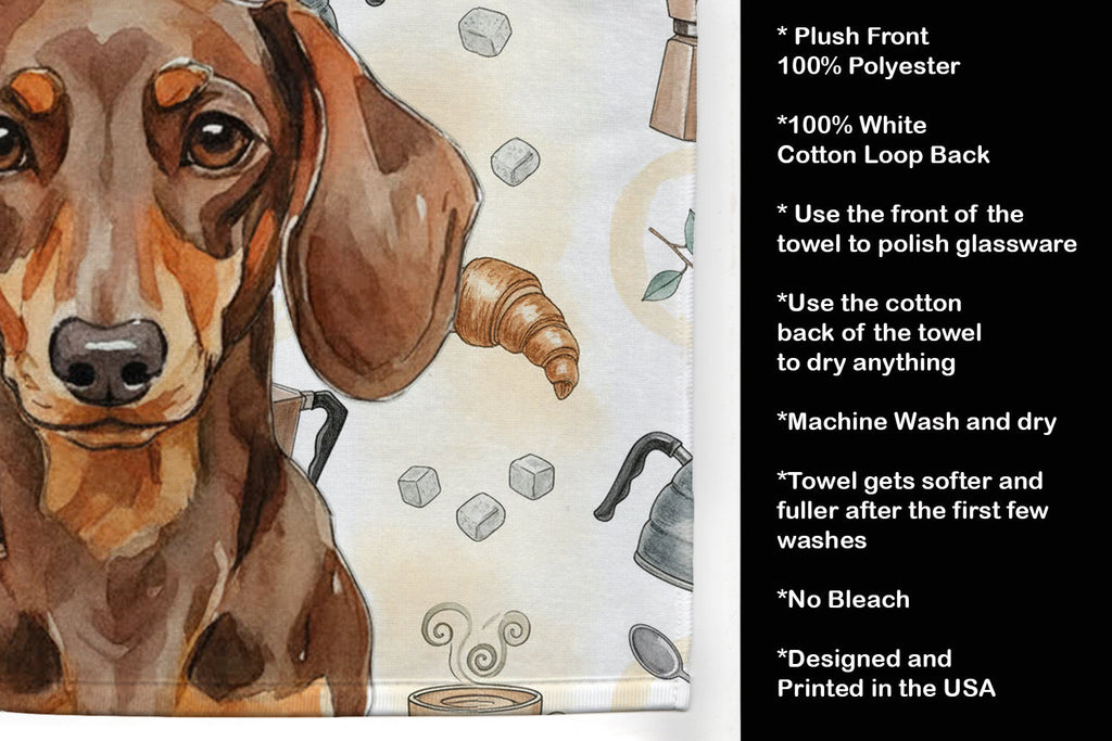 Chocolate and Tan Dachshund Coffee Bar Kitchen Towel Velour Plush Front and Cotton Loop Back Machine Washable