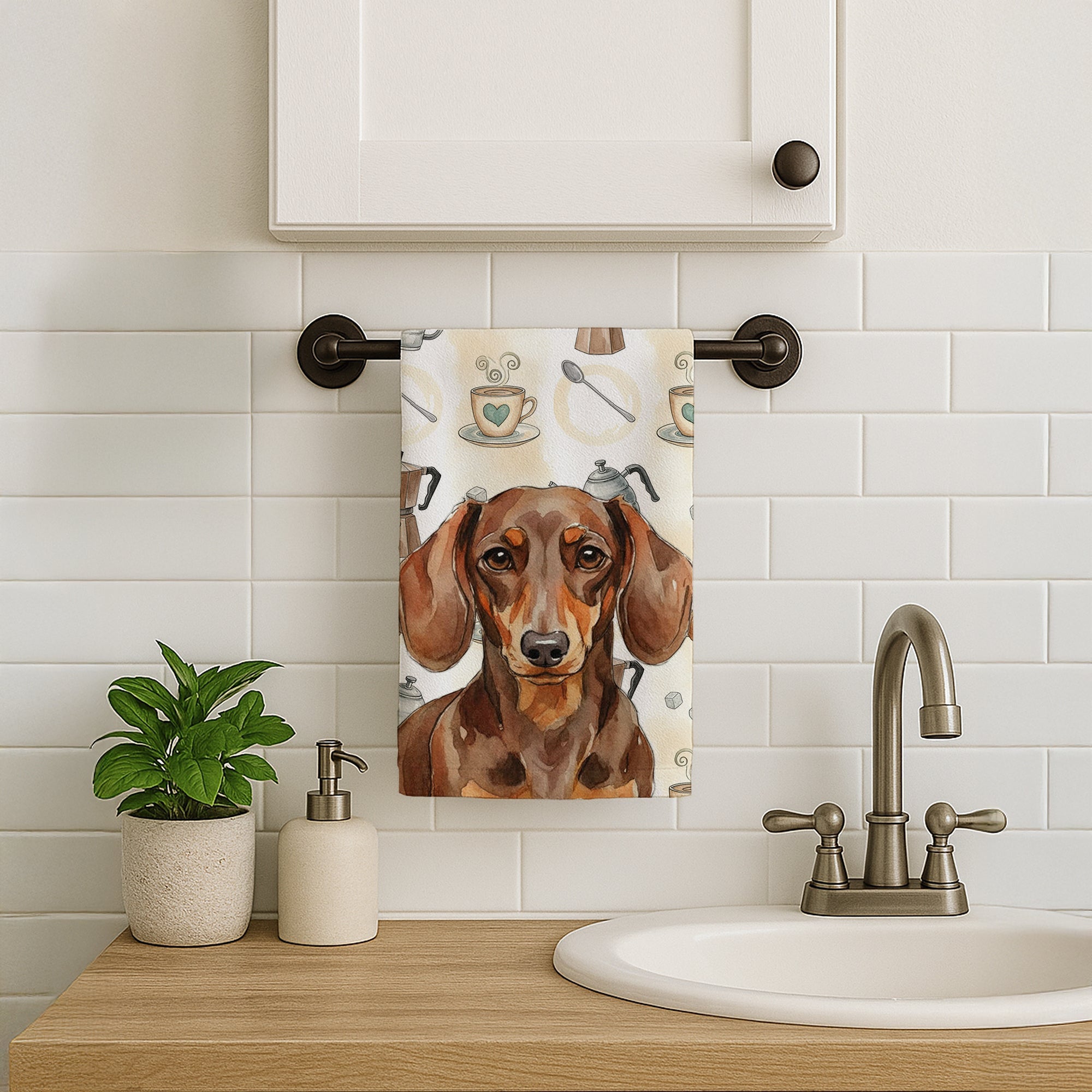 Chocolate and Tan Dachshund Coffee Bar Kitchen Towel Velour Plush Front and Cotton Loop Back Machine Washable