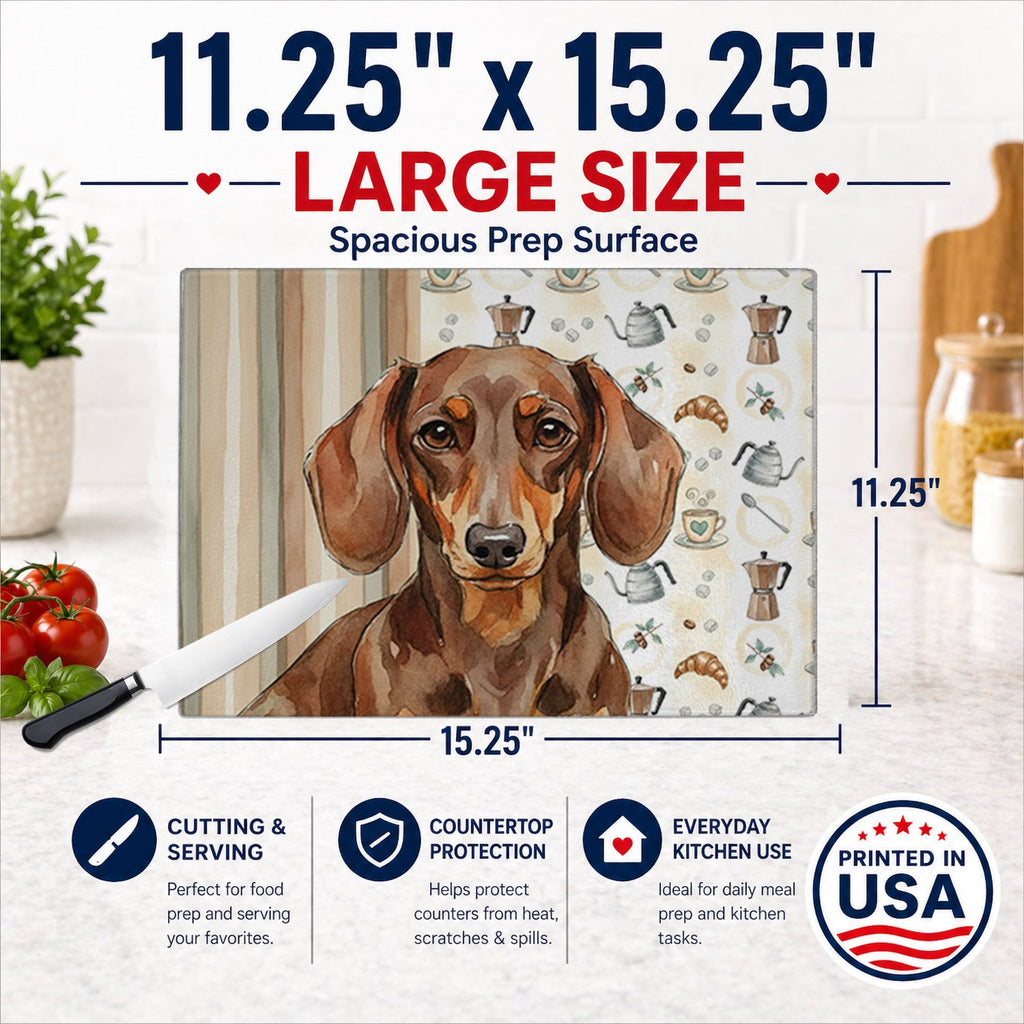 Chocolate and Tan Dachshund Coffee Bar Cutting Board Tempered Glass Kitchen Cutting Surface, Heat Resistant Chopping, Non-Slip Feet, Food Prep & Serving