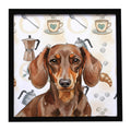 Chocolate and Tan Dachshund Coffee Bar Framed Metal Print Bathroom, Kitchen, Office, Home Decor Wall Art Ready to Hang, Square, 8X8