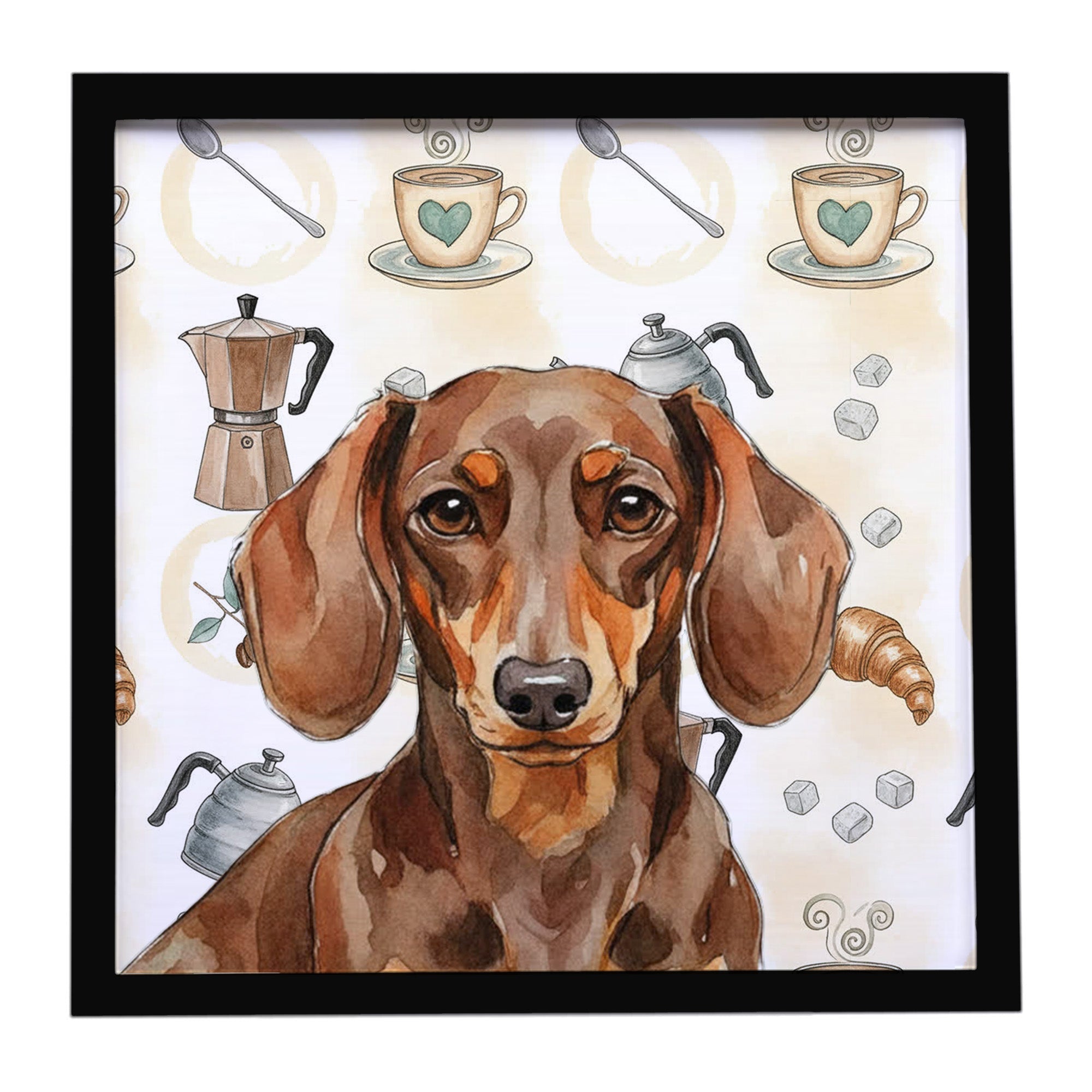 Chocolate and Tan Dachshund Coffee Bar Framed Metal Print Bathroom, Kitchen, Office, Home Decor Wall Art Ready to Hang, Square, 8X8