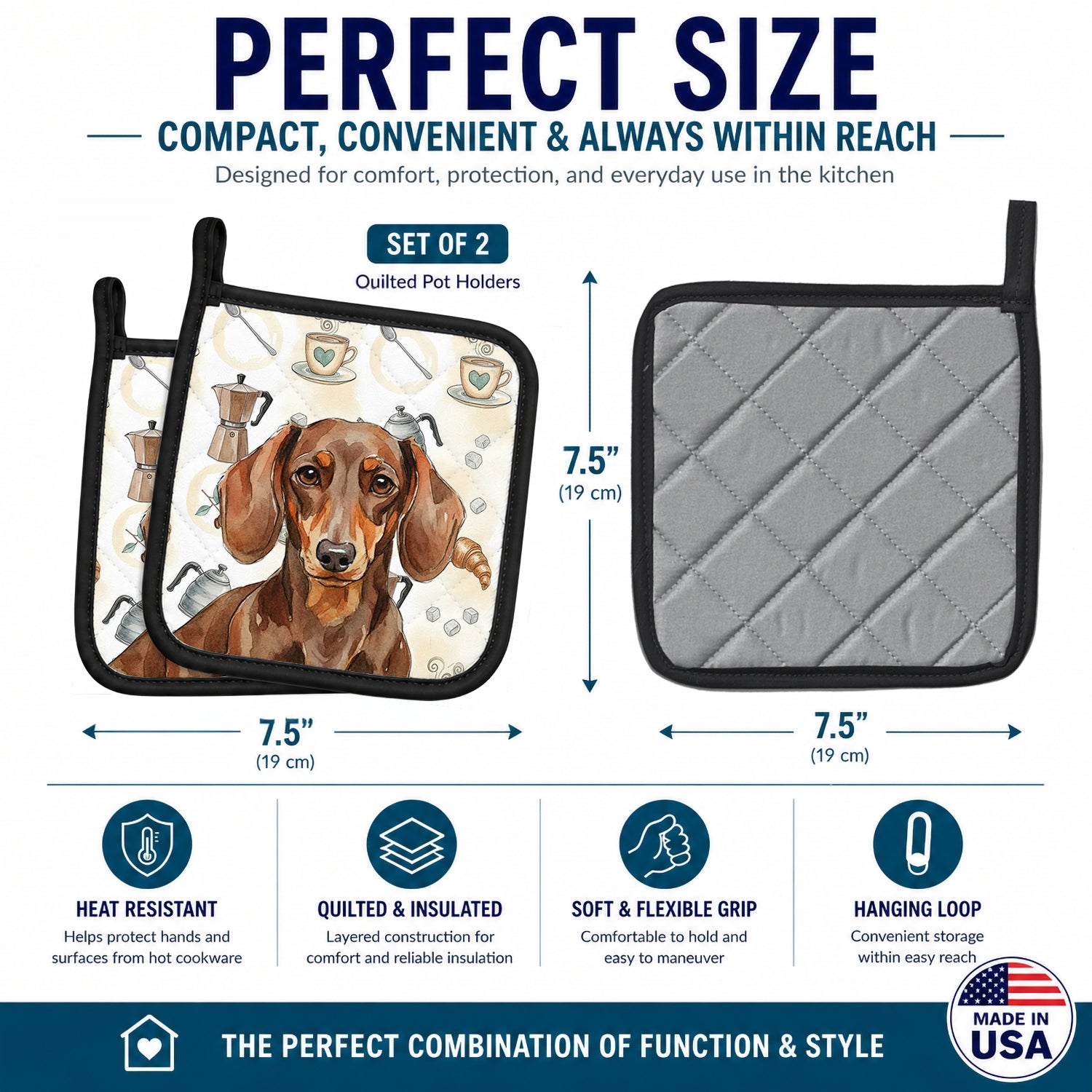Chocolate and Tan Dachshund Coffee Bar Pot Holder Set of 2 Heat Resistant Quilted Hot Pads 7.5 x 7.5 Inch, Insulated Kitchen Trivets for Cooking & Baking