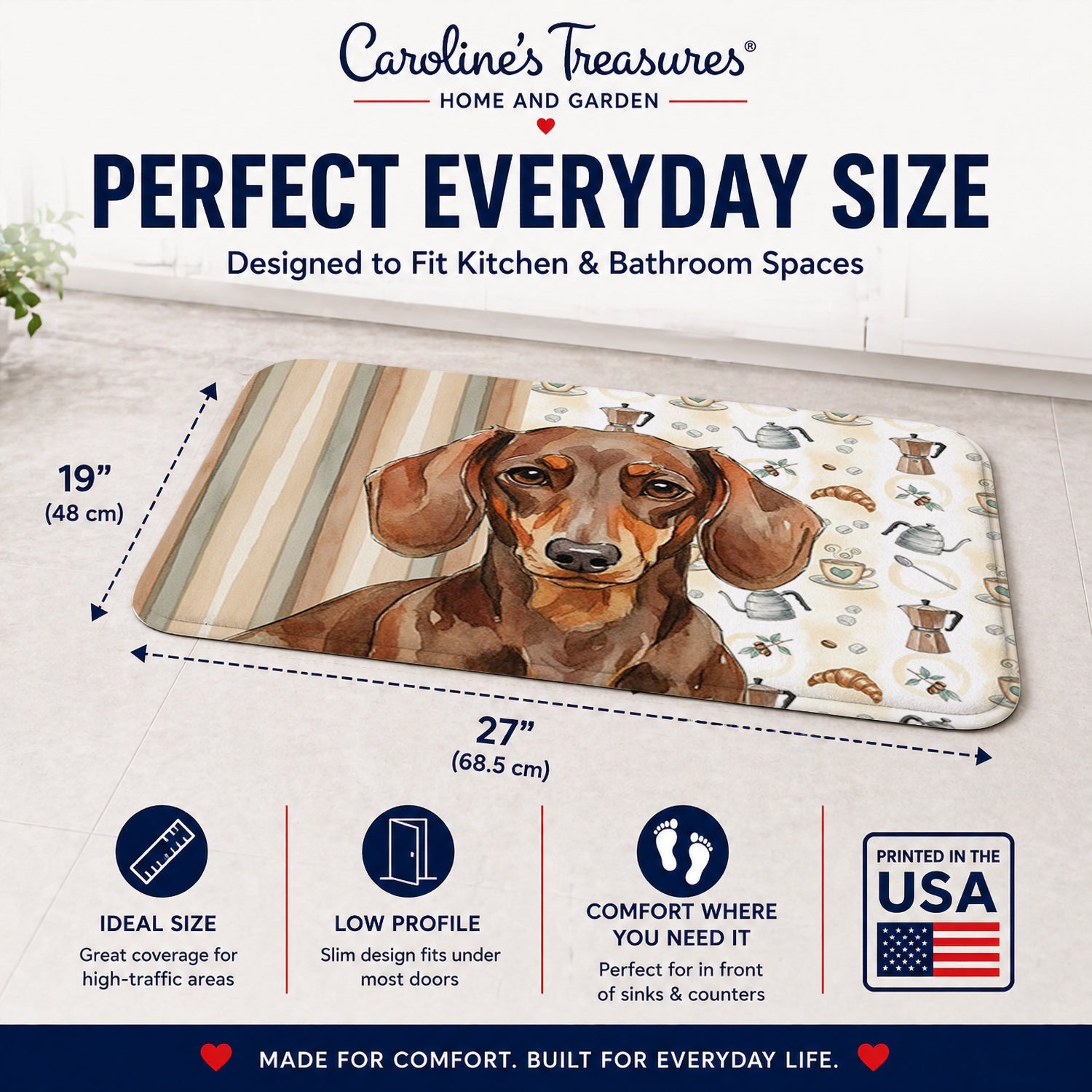 Chocolate and Tan Dachshund Coffee Bar Memory Foam Kitchen Mat Machine Washable Anti-Fatigue Cushion Comfort Bath or Kitchen Rug