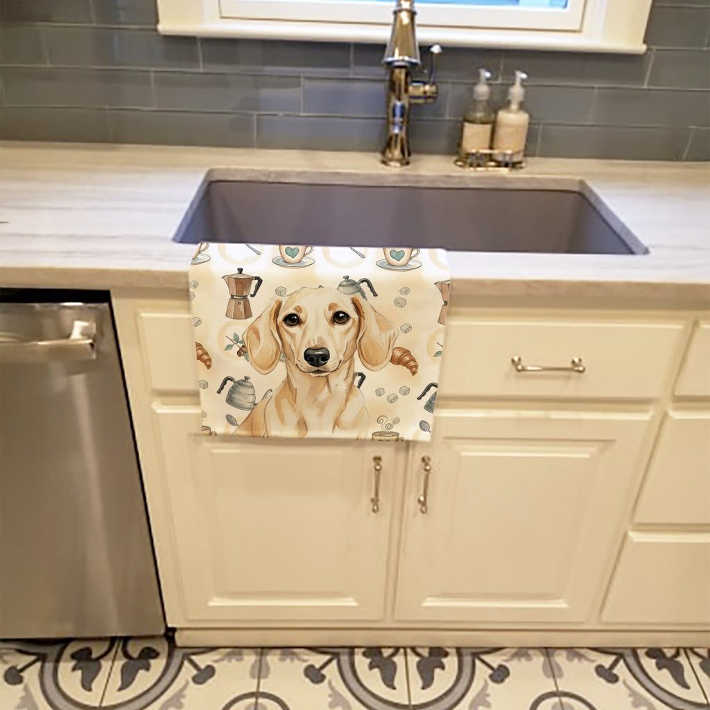 Cream Dachshund Coffee Bar Kitchen Towel Velour Plush Front and Cotton Loop Back Machine Washable