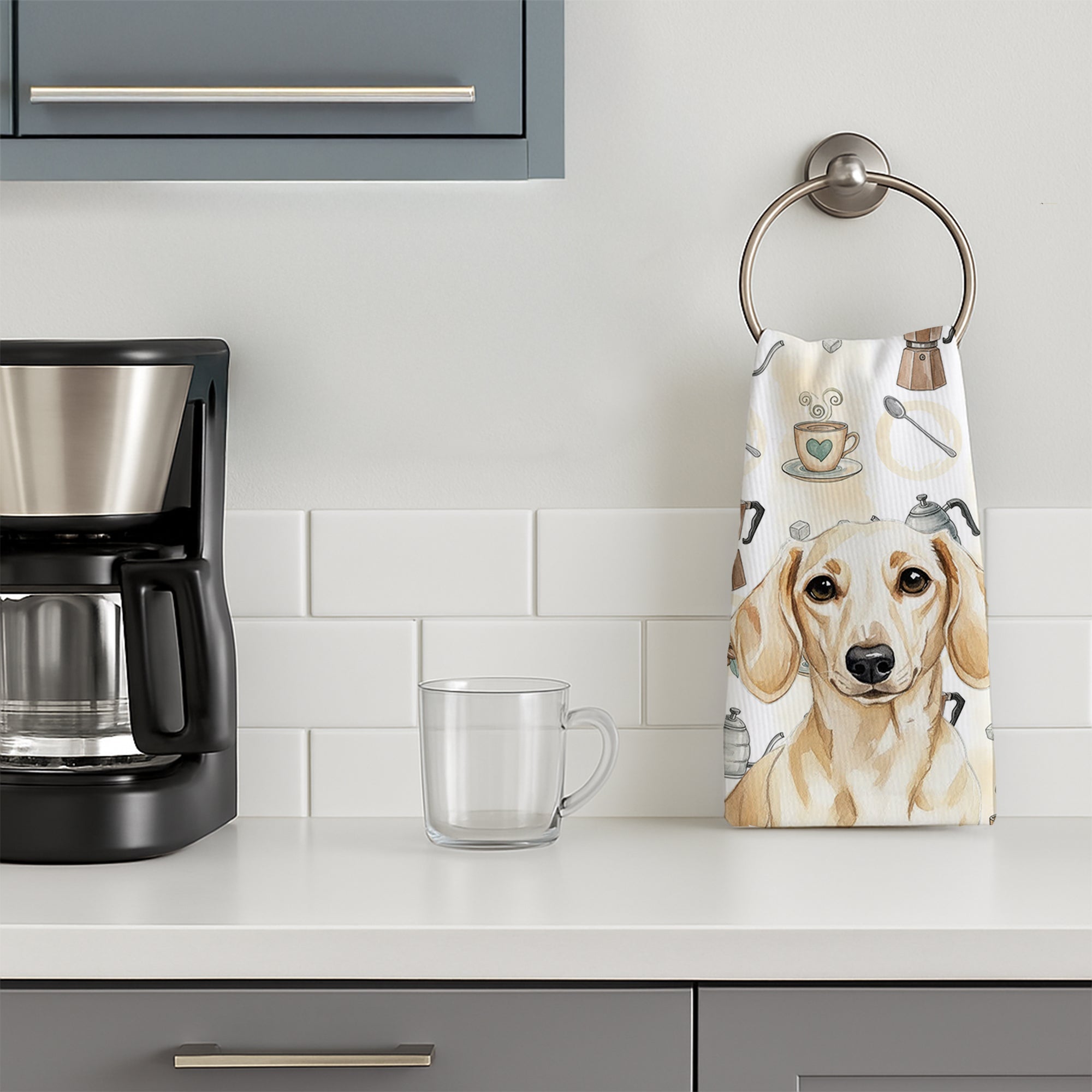 Cream Dachshund Coffee Bar Kitchen Towel Velour Plush Front and Cotton Loop Back Machine Washable