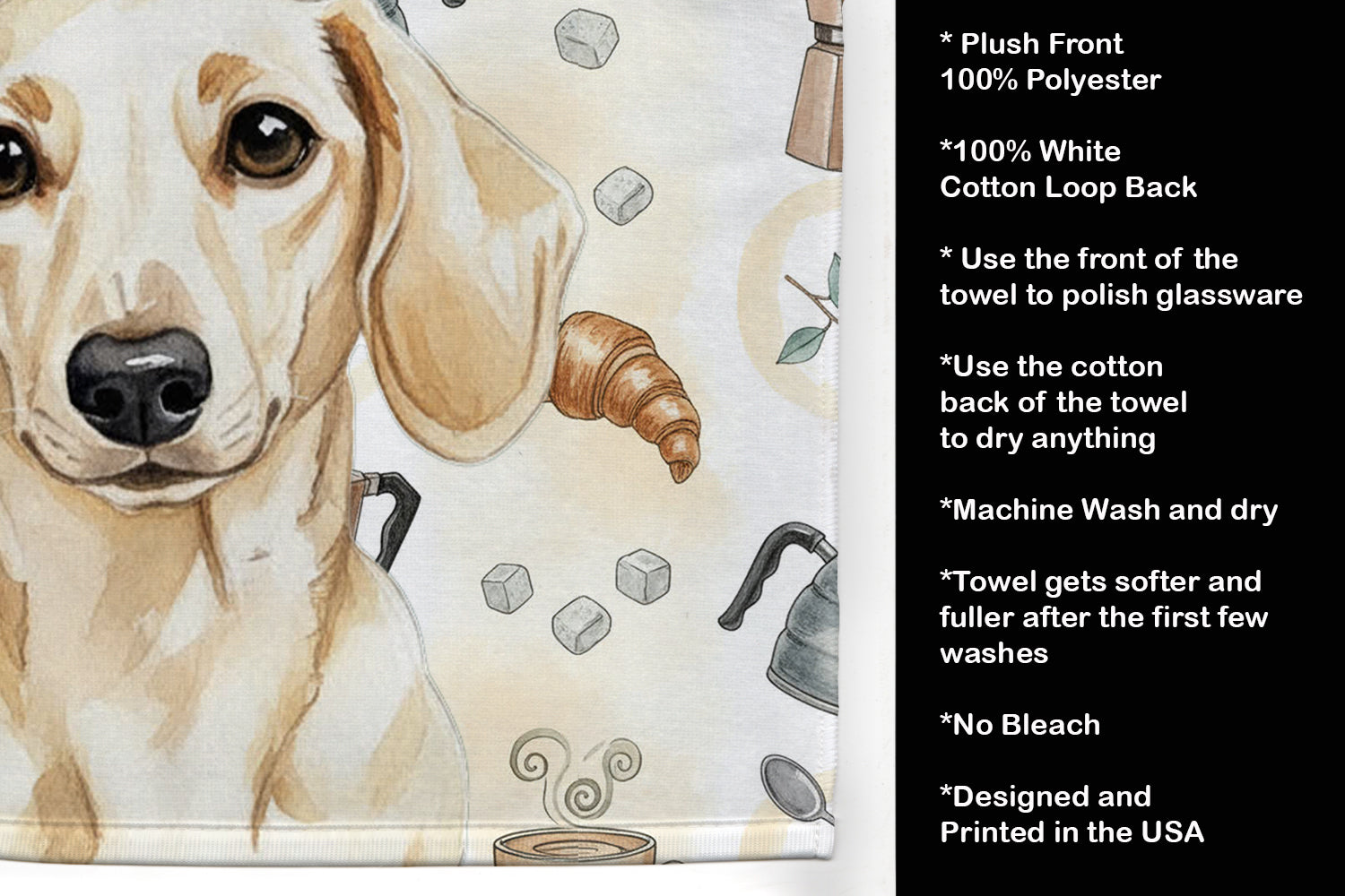 Cream Dachshund Coffee Bar Kitchen Towel Velour Plush Front and Cotton Loop Back Machine Washable