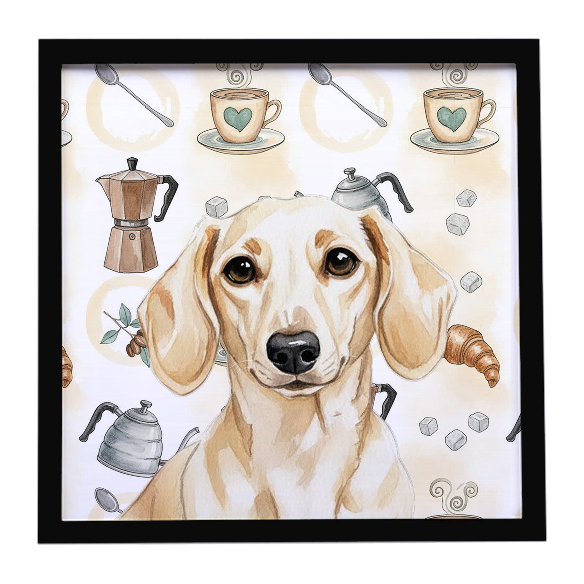 Cream Dachshund Coffee Bar Framed Metal Print Bathroom, Kitchen, Office, Home Decor Wall Art Ready to Hang, Square, 8X8