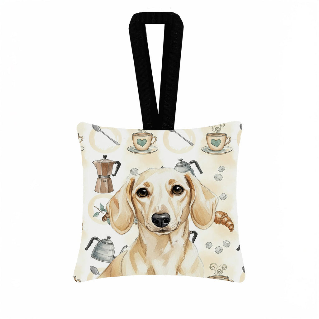 Cream Dachshund Coffee Bar Hanging Square Fabric Ornament 3.5 � 3.5 Decorative Door-Knob & Tree Hanger, Soft Fabric