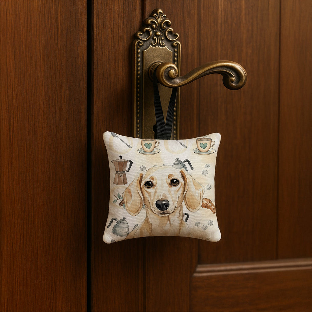 Cream Dachshund Coffee Bar Hanging Square Fabric Ornament 3.5 � 3.5 Decorative Door-Knob & Tree Hanger, Soft Fabric