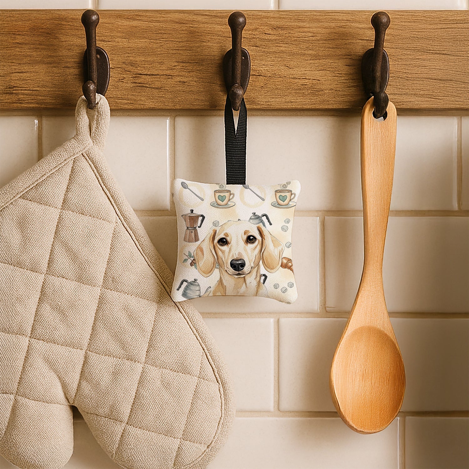 Cream Dachshund Coffee Bar Hanging Square Fabric Ornament 3.5 � 3.5 Decorative Door-Knob & Tree Hanger, Soft Fabric