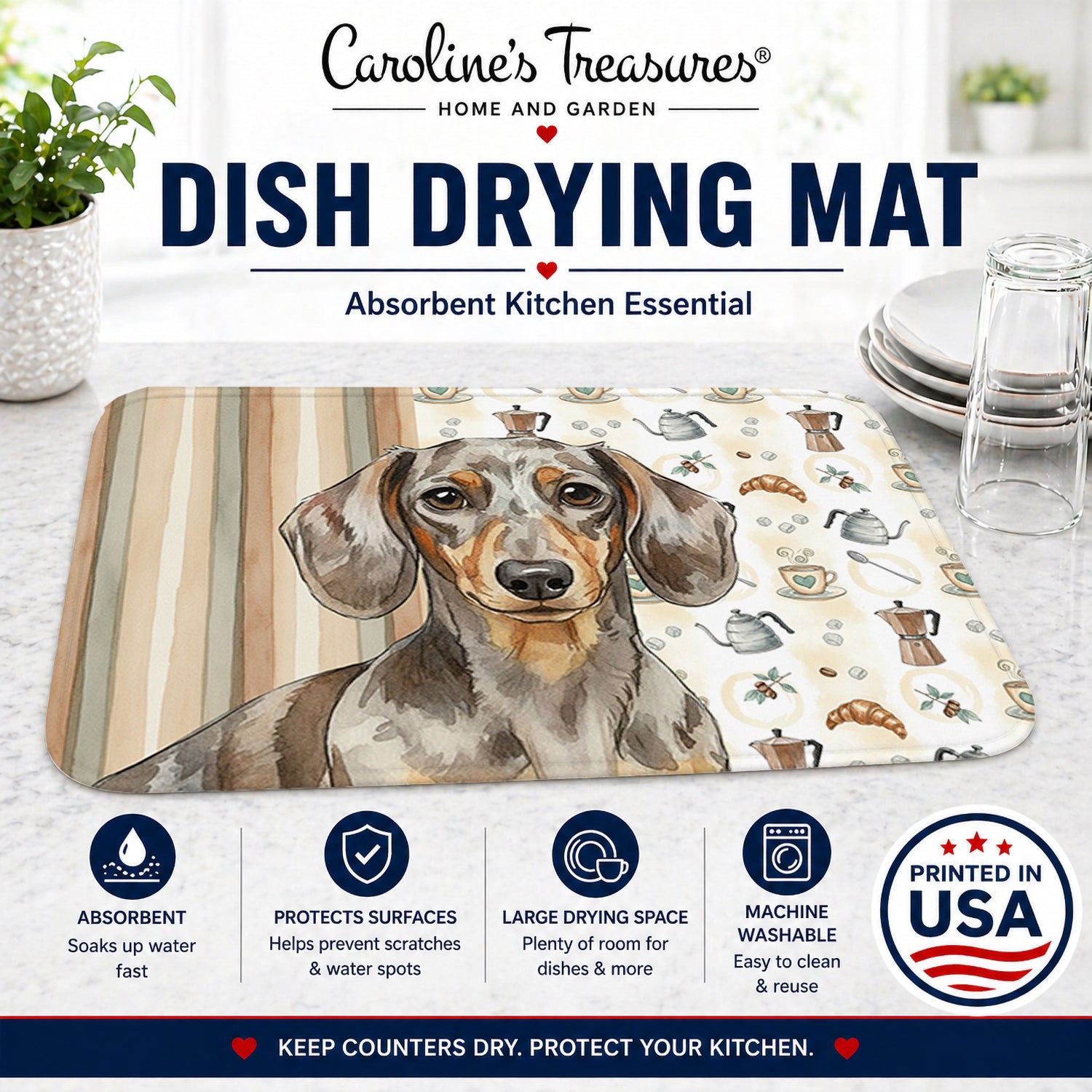 Dapple Dachshund Coffee Bar Dish Drying Mat Absorbent Dish Drying Mat Pad for Kitchen Counter Dish Drainer Mat for Countertop, 14 x 21", Multicolor