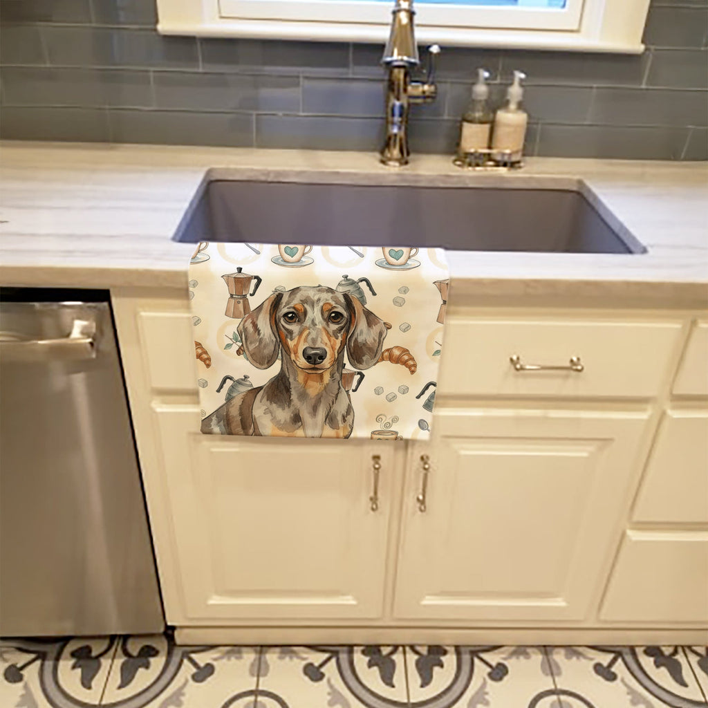 Dapple Dachshund Coffee Bar Kitchen Towel Velour Plush Front and Cotton Loop Back Machine Washable