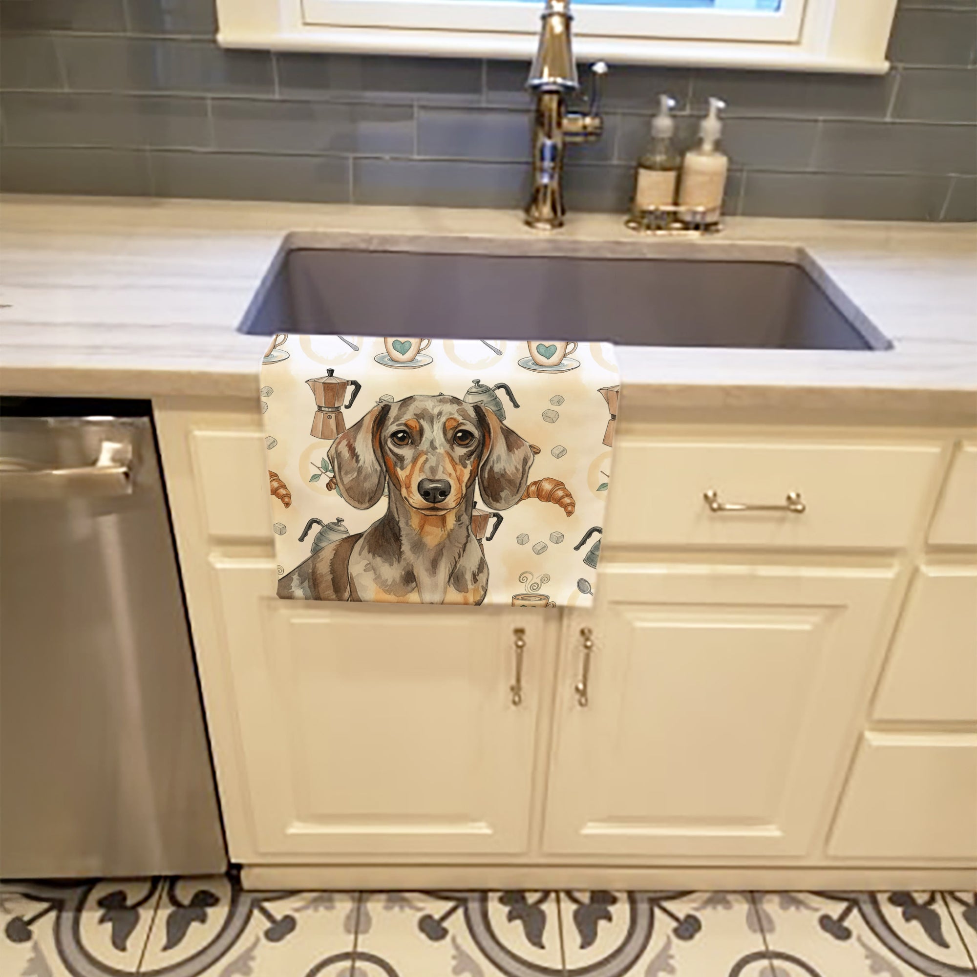Dapple Dachshund Coffee Bar Kitchen Towel Velour Plush Front and Cotton Loop Back Machine Washable